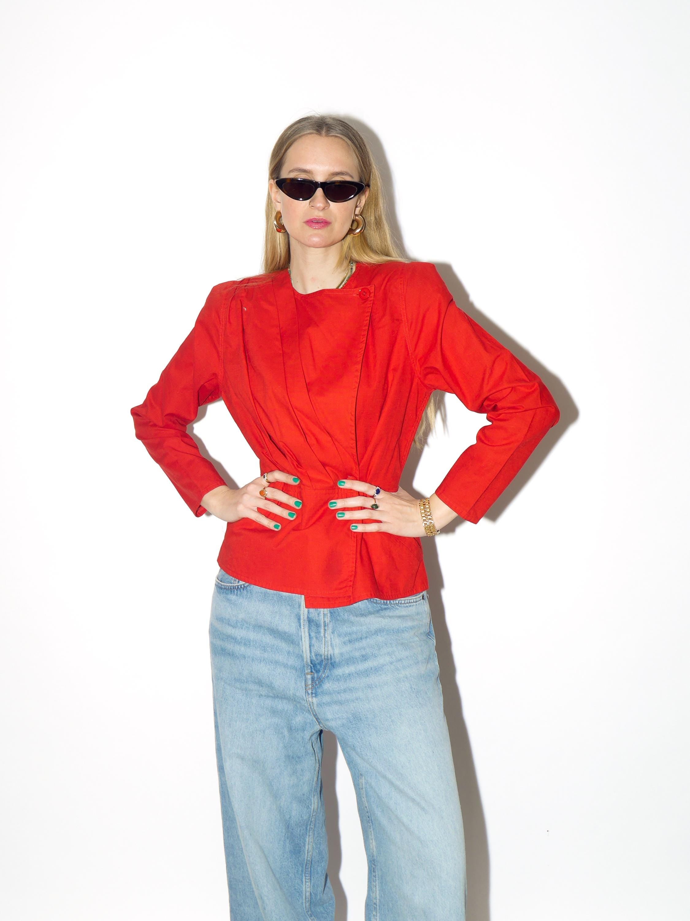 VINTAGE Cotton red blouse from 1980s with shoulder pads and peplum