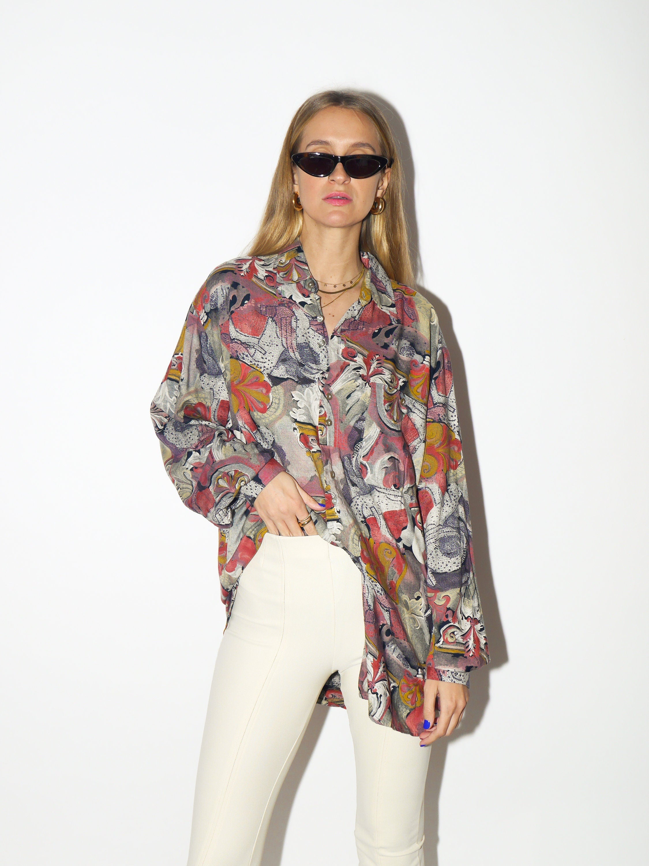 VINTAGE shirt 1980s | Viscose shirt | Wold Traveller Goldress vintage shirt | colorful shirt | retro oversize shirt | abstract pattern