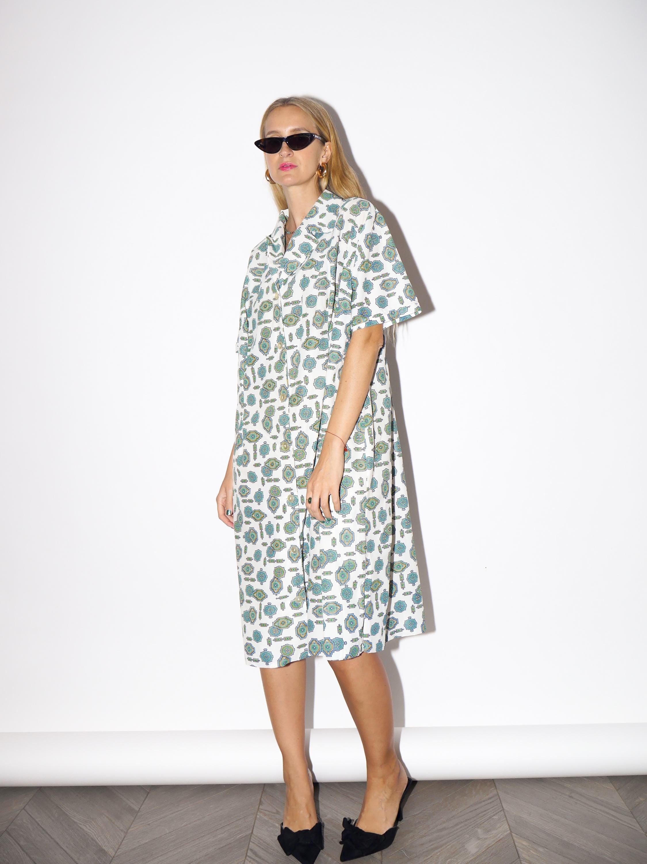 1980s Midi Dress - Vintage Handmade Oversize Dress, Semi-Sheer Cream Green Art Deco Patterned Dress, Retro Fashion Clothing for Women