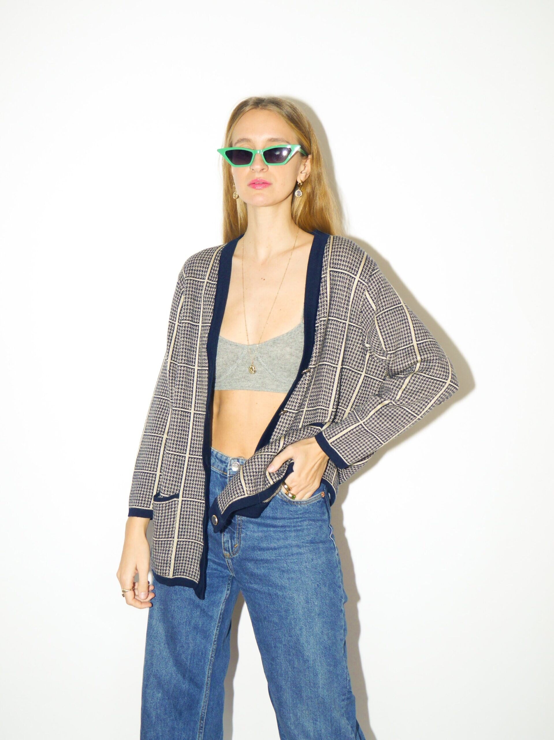 VINTAGE wool and viscose vintage cardigan 80s | navy and gold checkered cardigan from 80s | oversize fits sizes from XS to XL