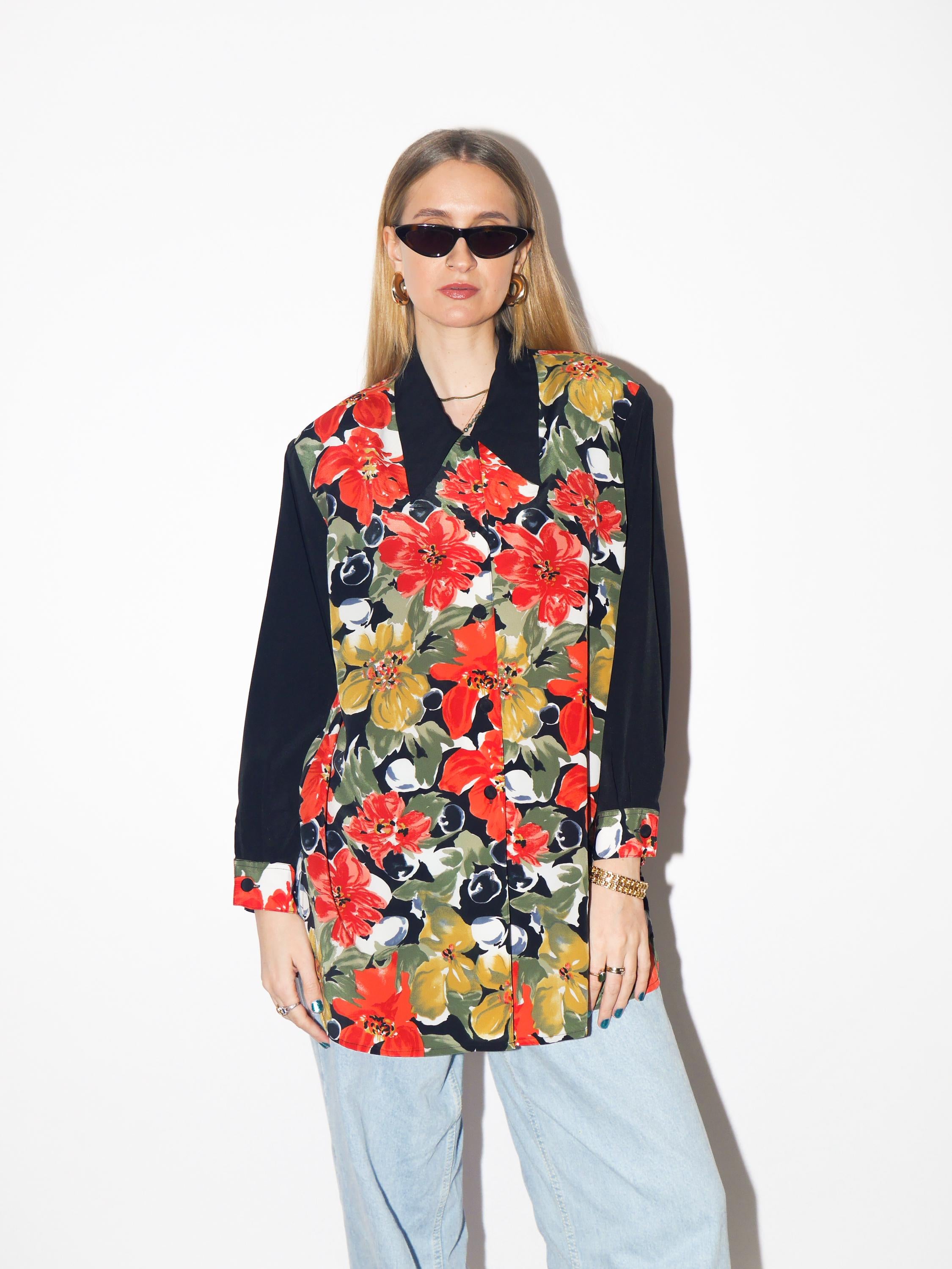 VINTAGE floral blouse from 1980s by Chris B® with black sleeves & shoulder pads