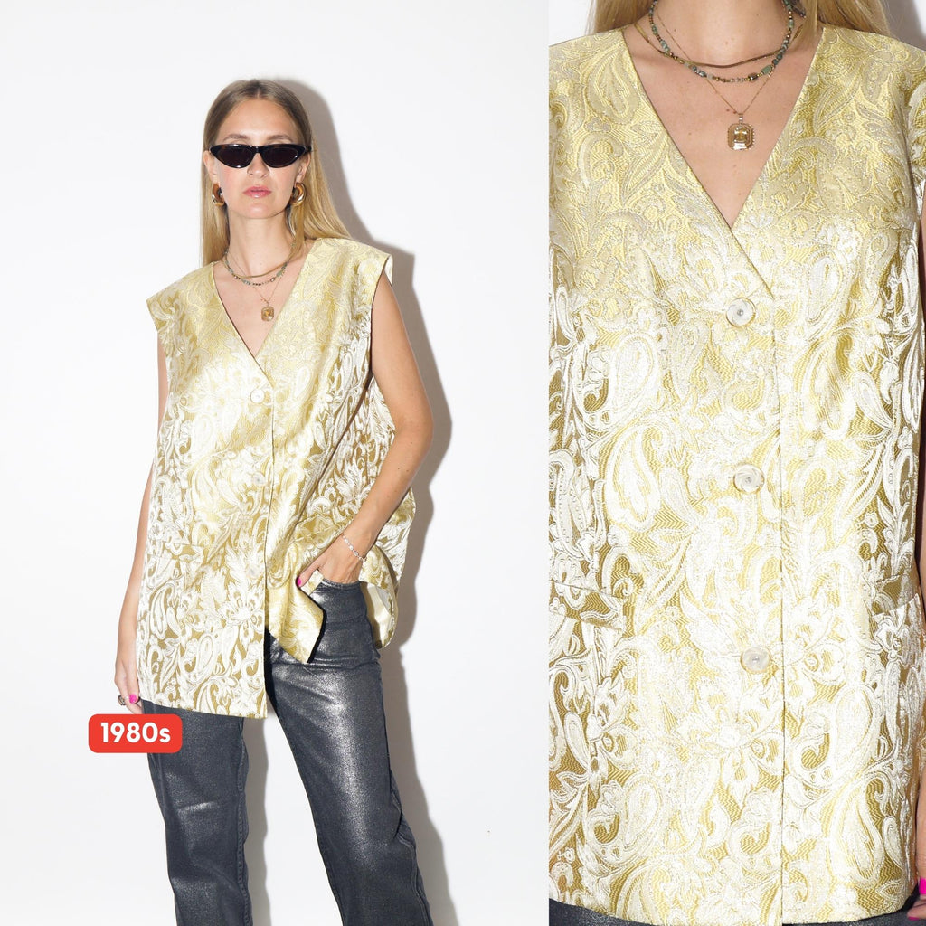 VINTAGE Gold Embroidered Oversized Vest With Glitter Buttons From The 1980s