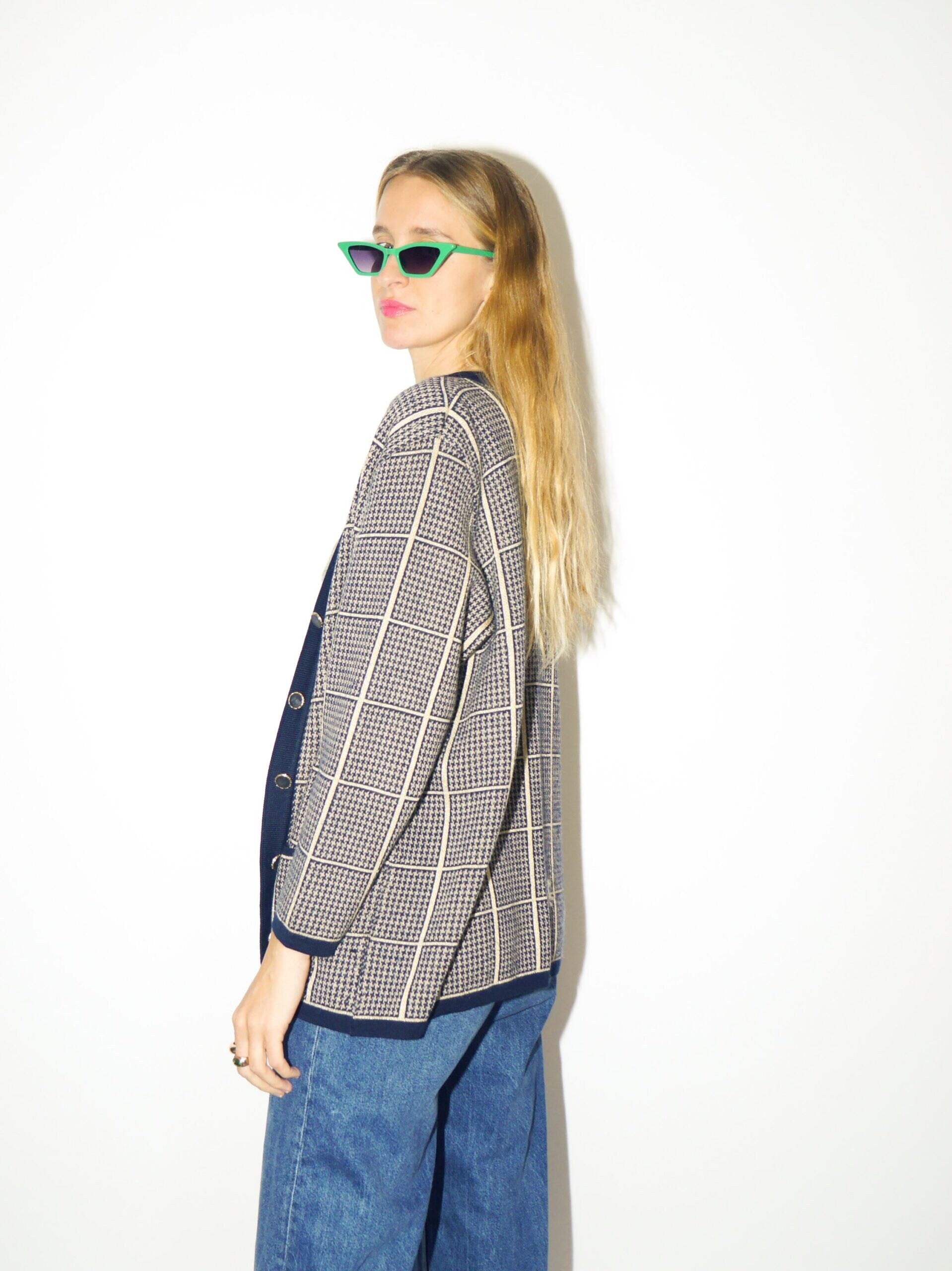 VINTAGE wool and viscose vintage cardigan 80s | navy and gold checkered cardigan from 80s | oversize fits sizes from XS to XL