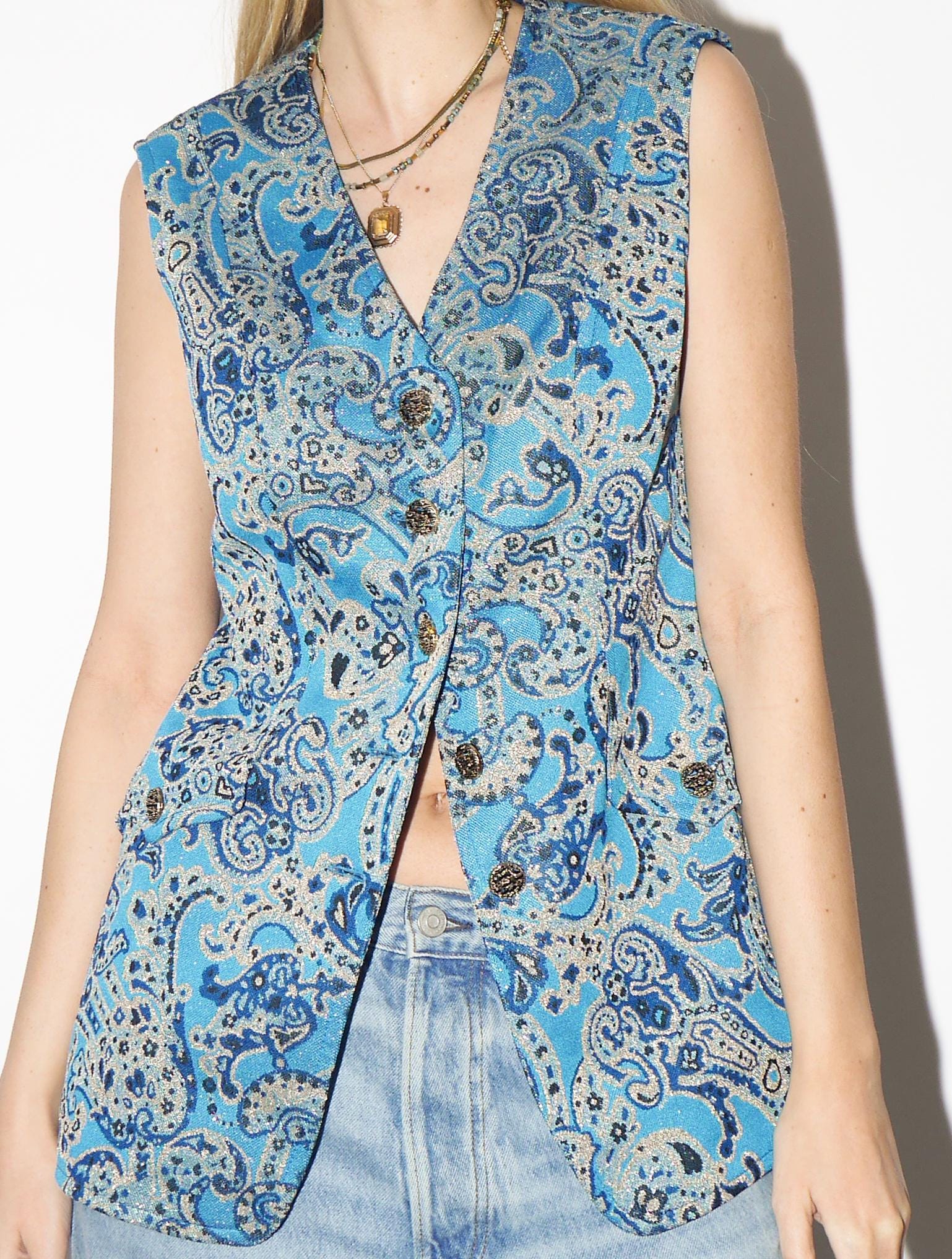 VINTAGE Blue Metallic and Gold Vest from 1980s | Elegant Embroidery Waistcoat
