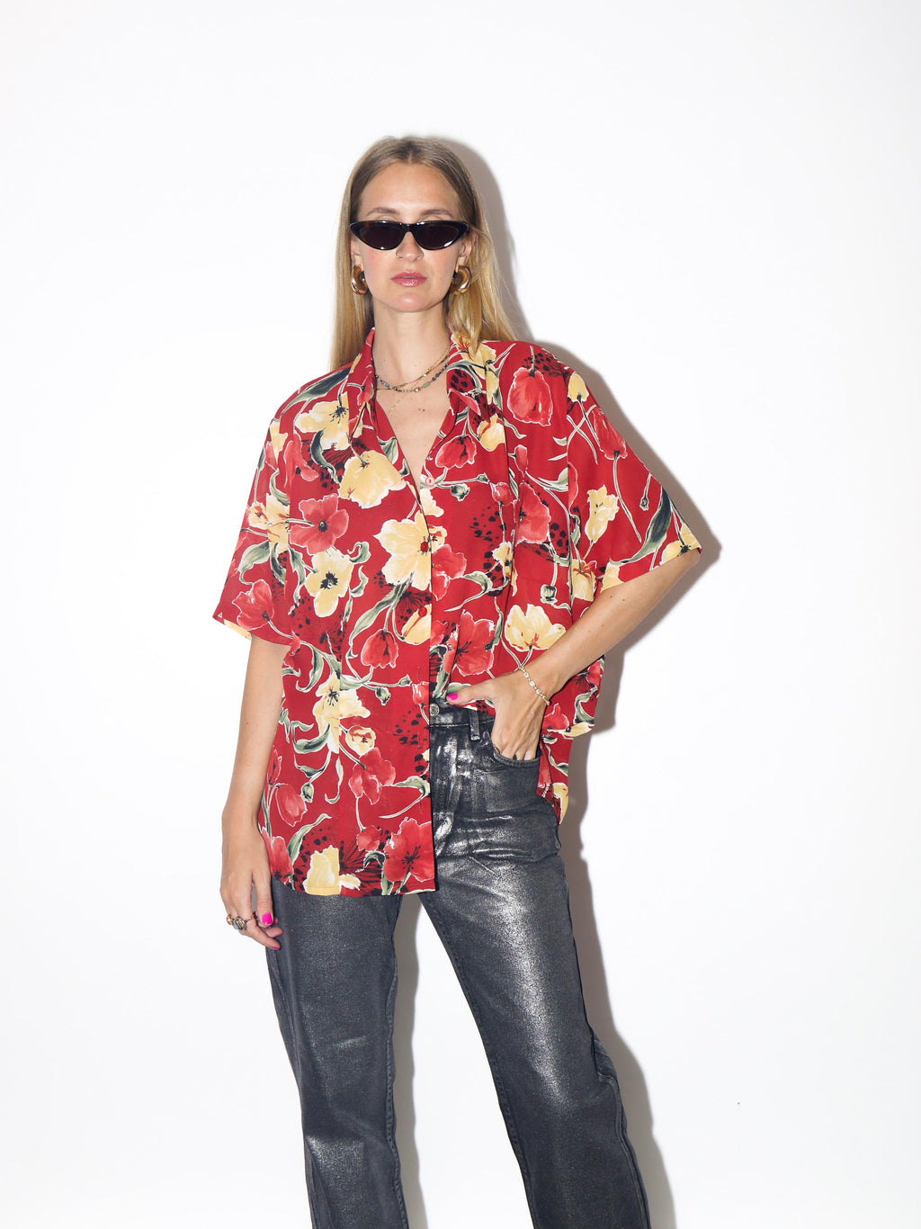 VINTAGE Red And Yellow Tulip Floral Sheer Short Sleeve Shirt Blouse From The 1990s By Basler