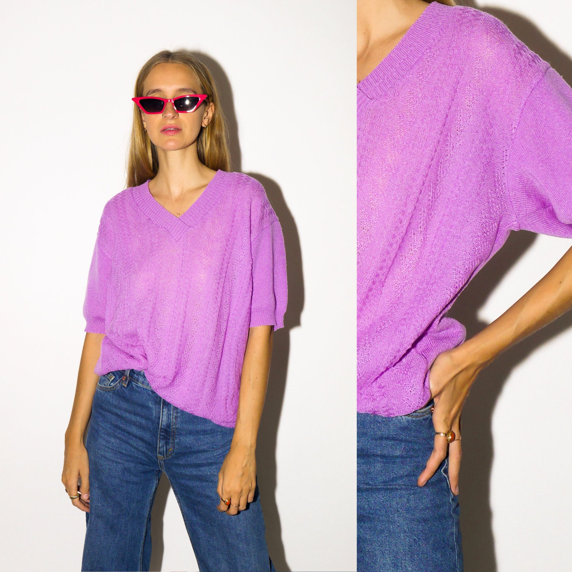 VINTAGE sweater from 1980s with short sleeves | retro lilac, purple sweater | v-neck knitted blouse | oversize | modopol