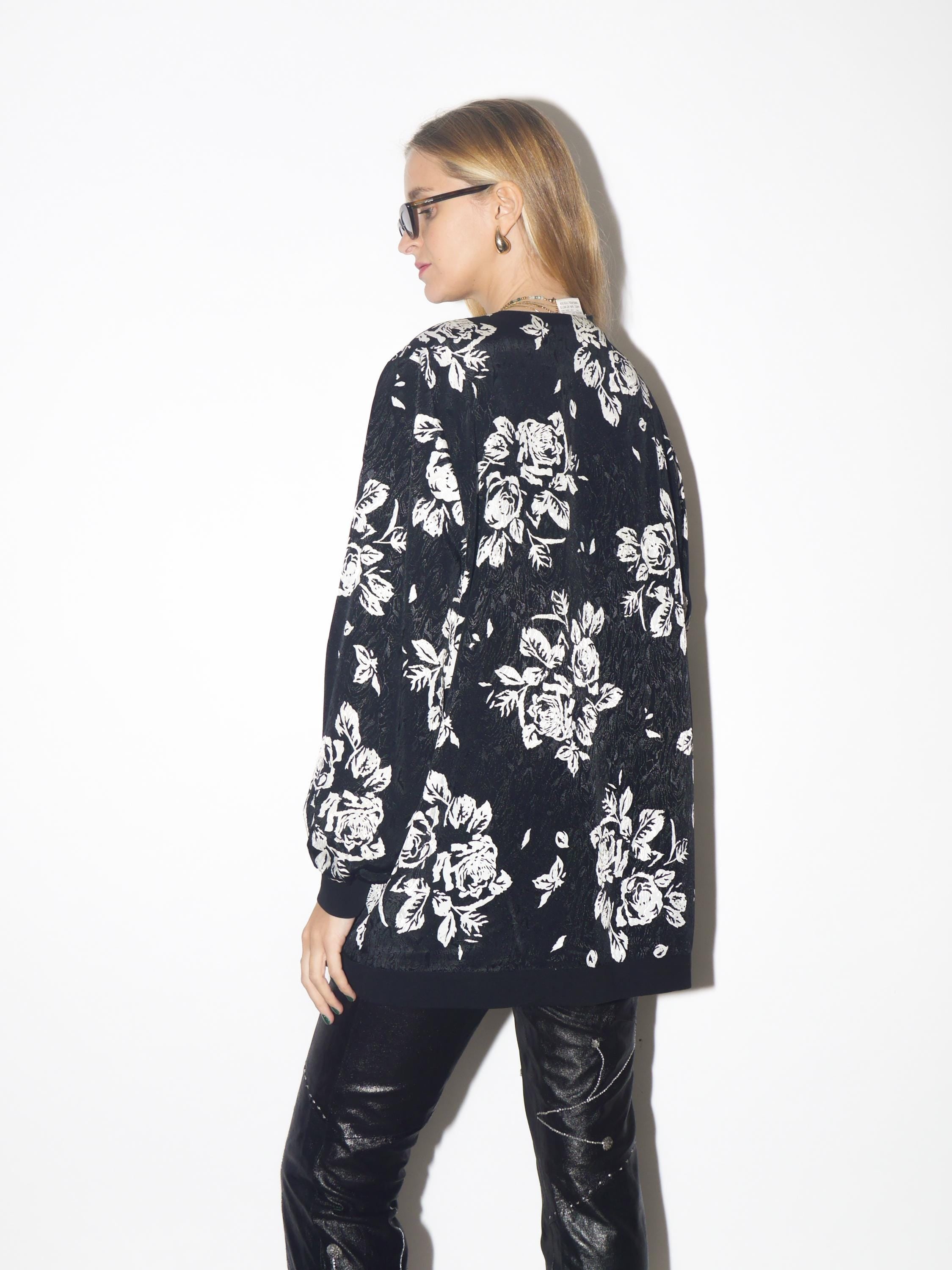 VINAGE black silky blazer from 1980s in shiny white floral pattern by Chris B®