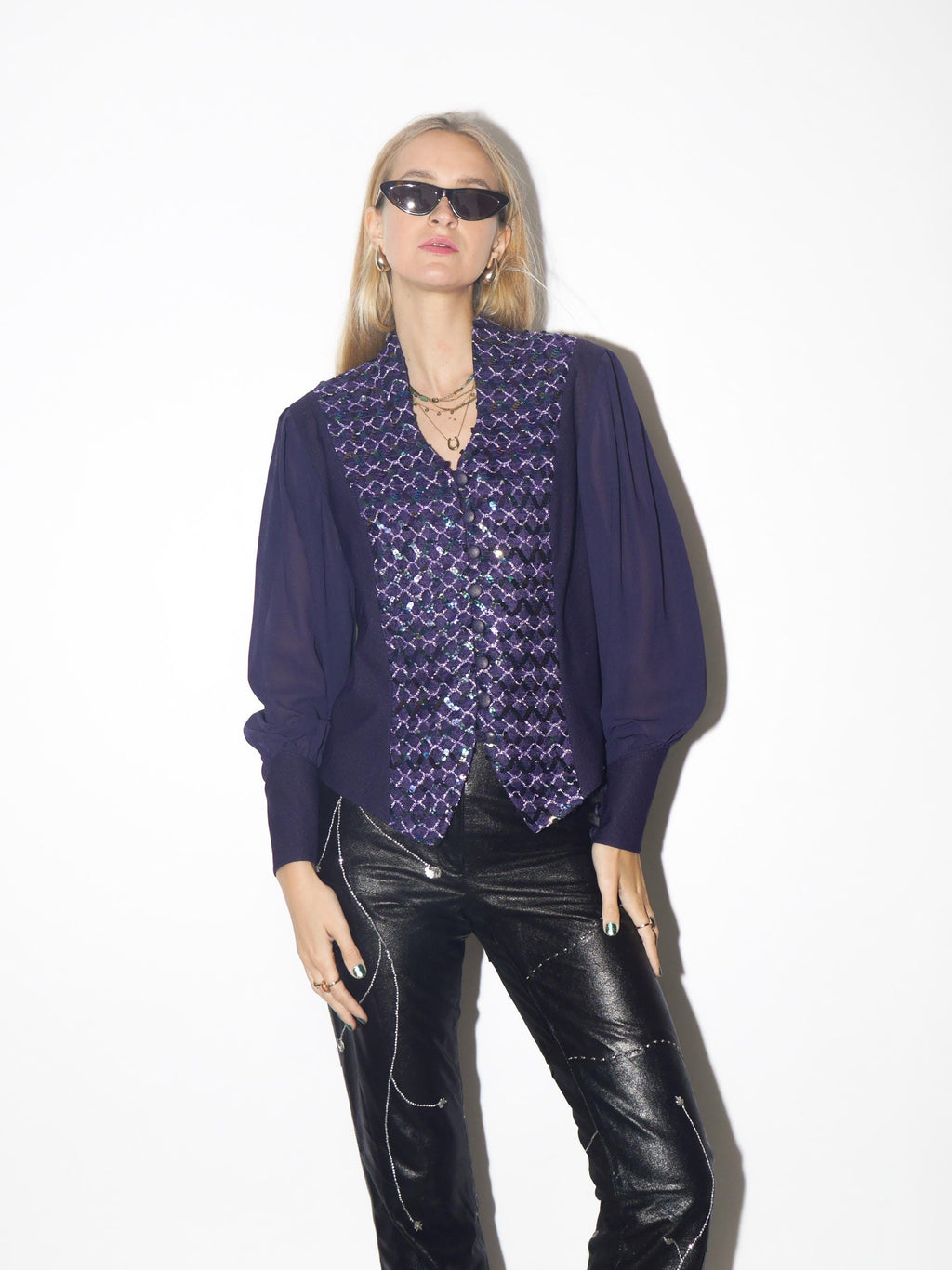 VINAGE purple blouse from 1980s with sequins and long sheer puffer sleeves