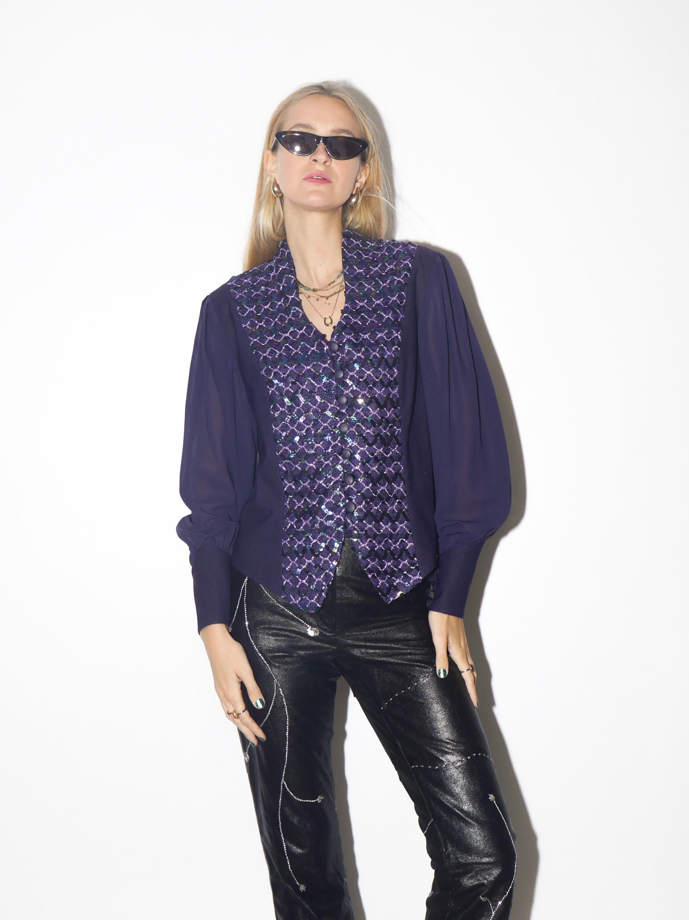 VINAGE purple blouse from 1980s with sequins and long sheer puffer sleeves