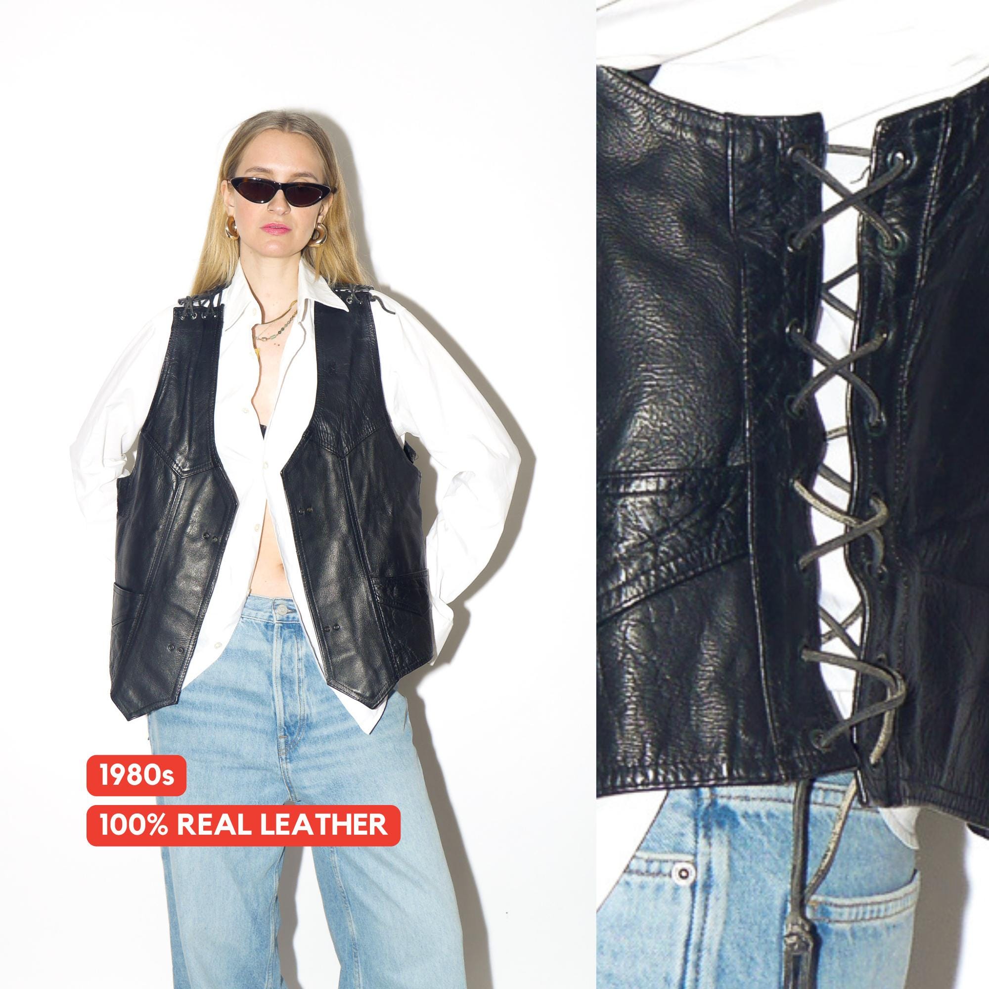 VINTAGE black leather vest from 1980s | heavy vintage motorcycle leather vest