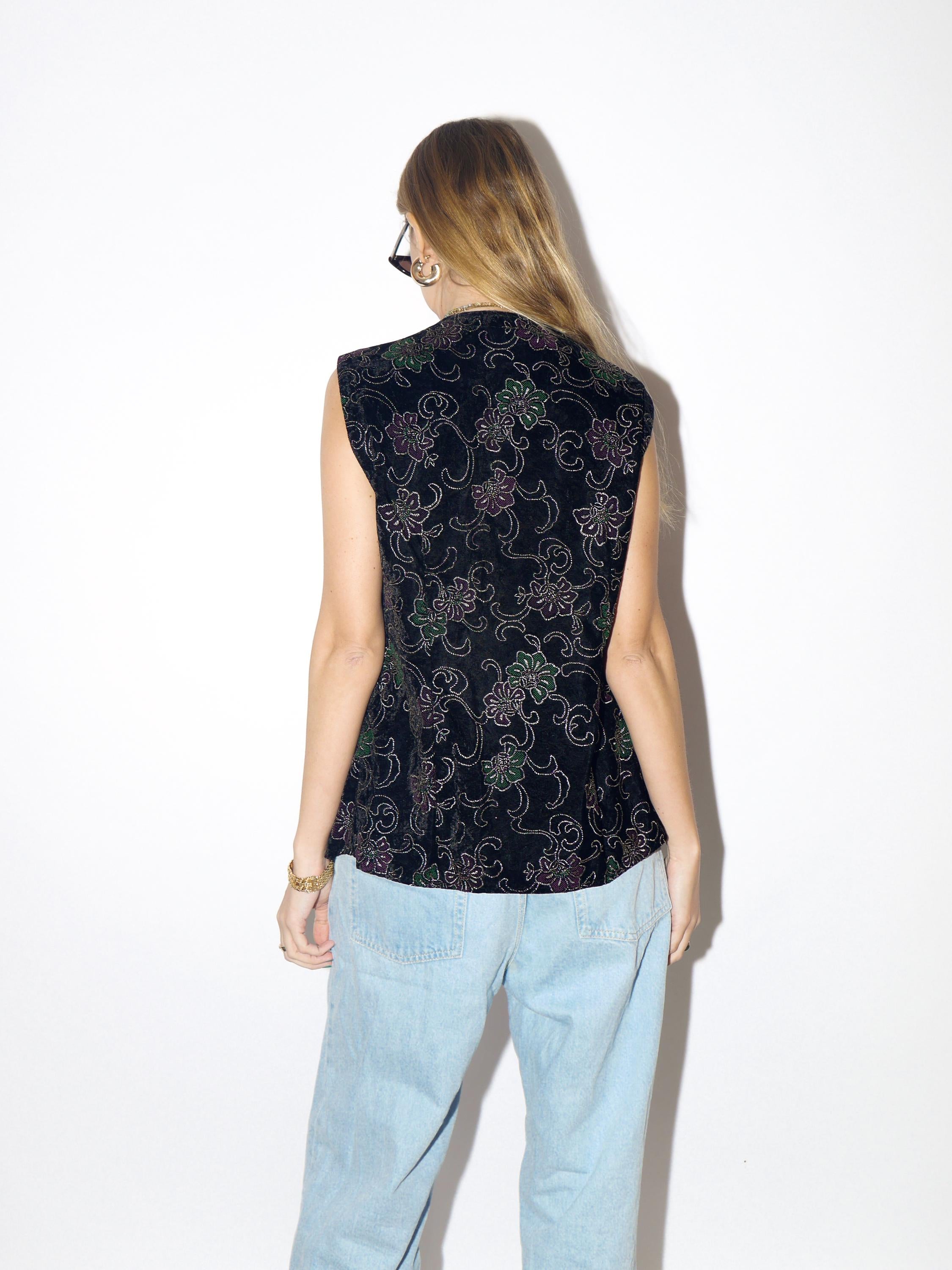 VINTAGE black velvet vest from 1980s in gold floral embroidery from acetate