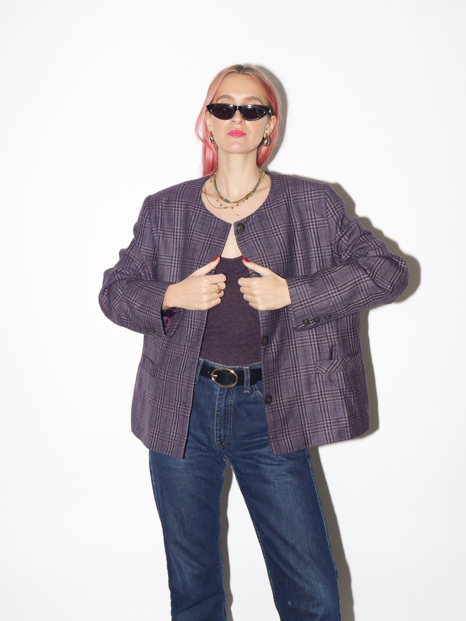 VINTAGE 100% pure new wool blazer 1980s by Equorian Heritage | purple pure new wool blazer | checkered vintage wool blazed