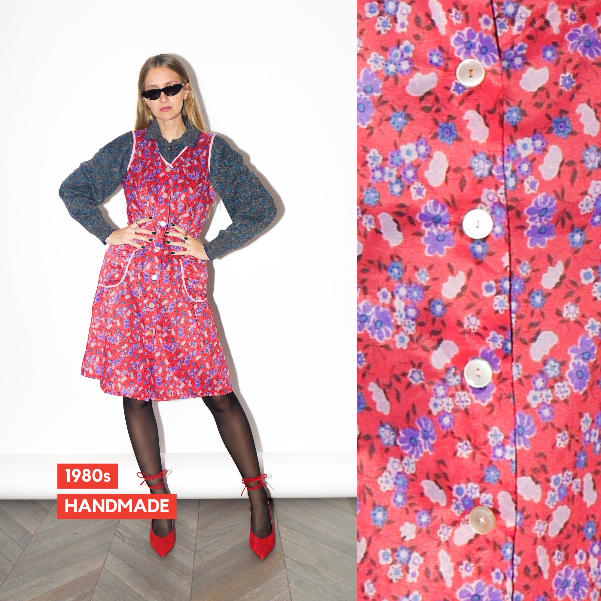 VINTAGE White And Coral Red Floral Sleeveless Button-Down Handmade Dress From The 1980s