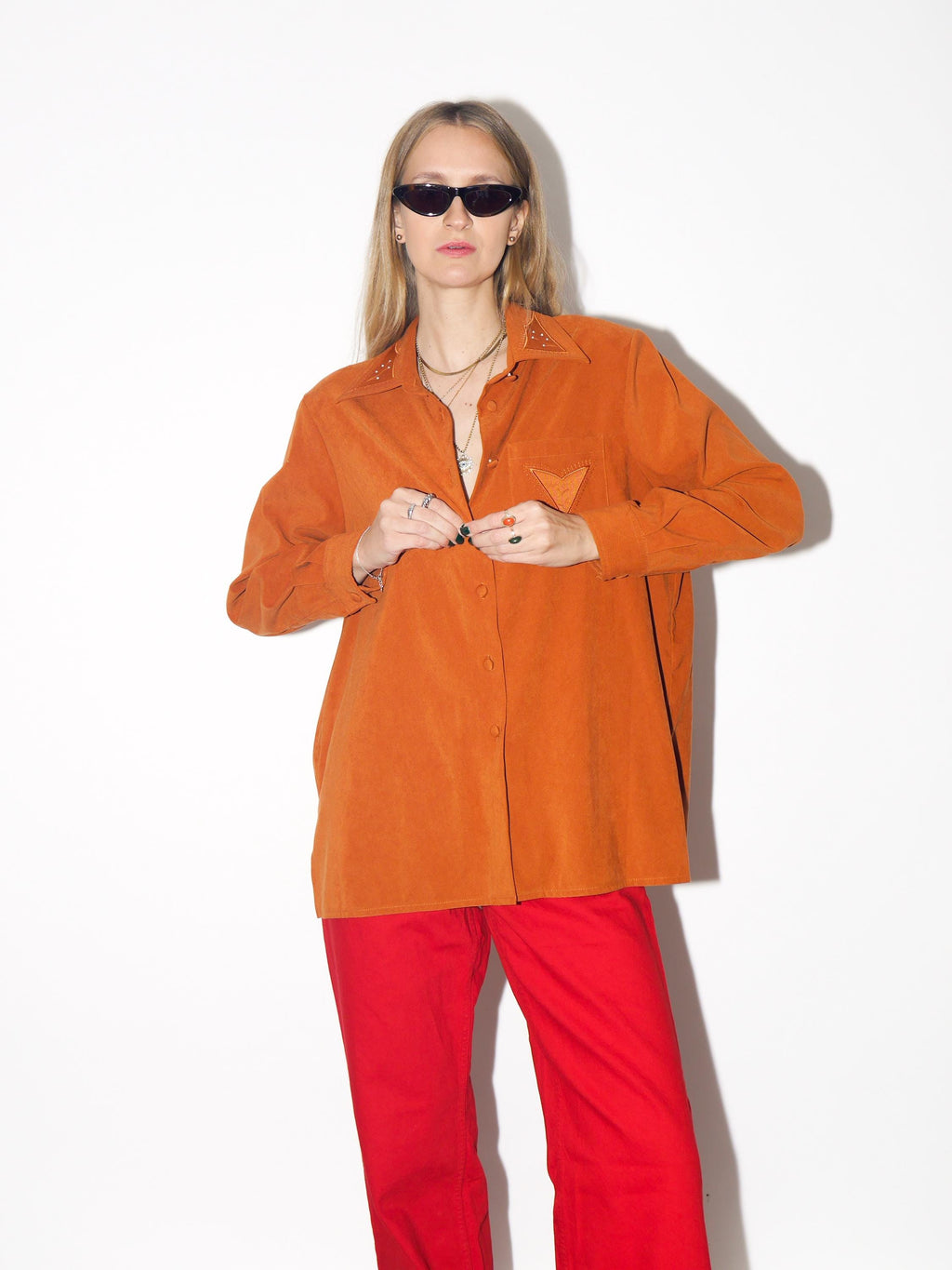 VINTAGE Rust Orange Embroidered Button Down Blouse From The 1980s