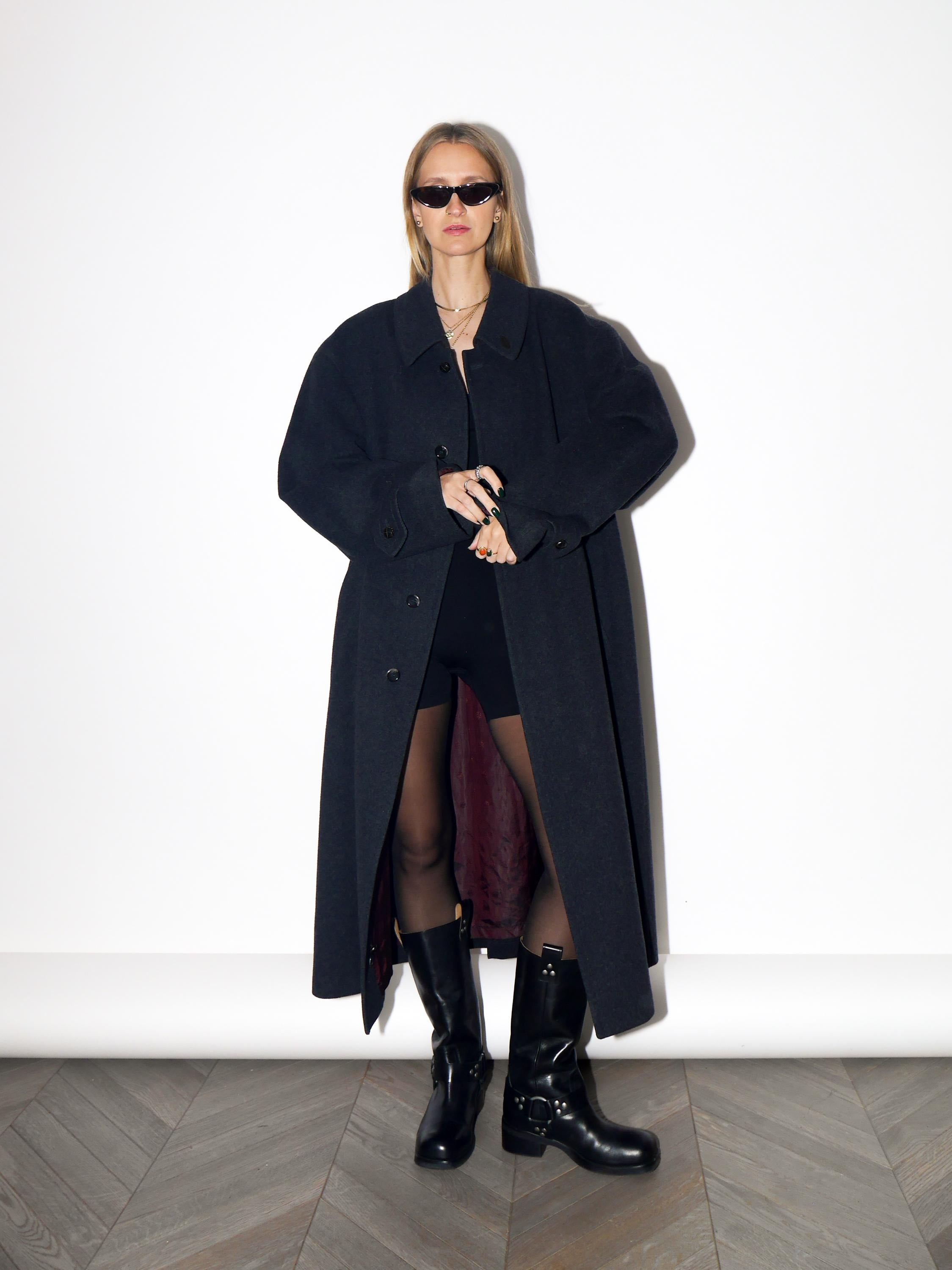 VINTAGE Dark Gray Wool Maxi Oversized Coat From The 1980s By Bugatti
