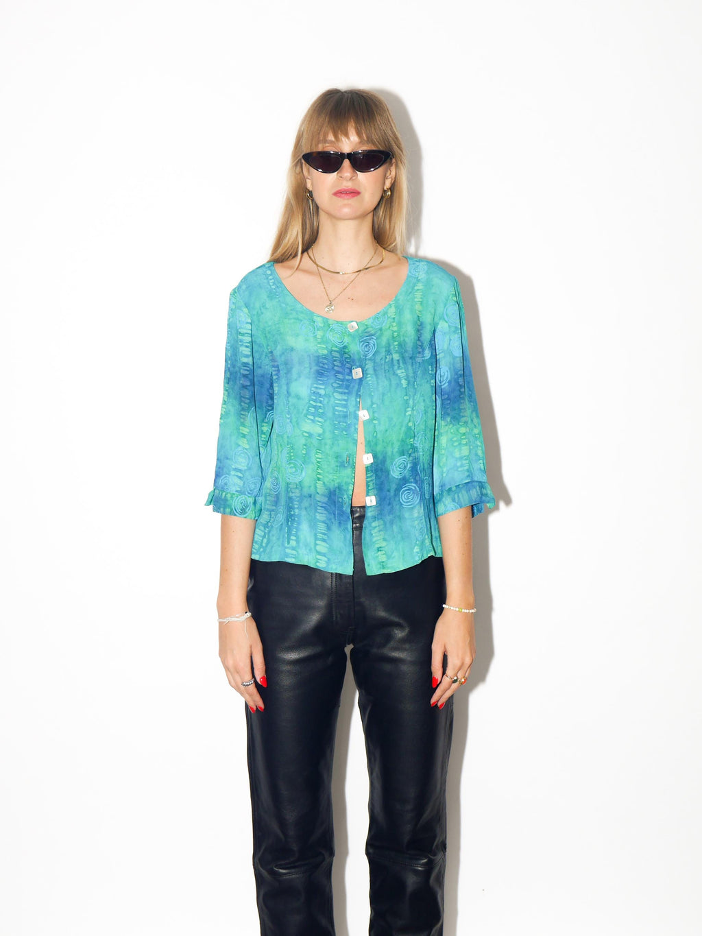VINTAGE Green And Blue Tie‑Dye Viscose Blouse With Opalised Buttons From The 1980s By Unikat