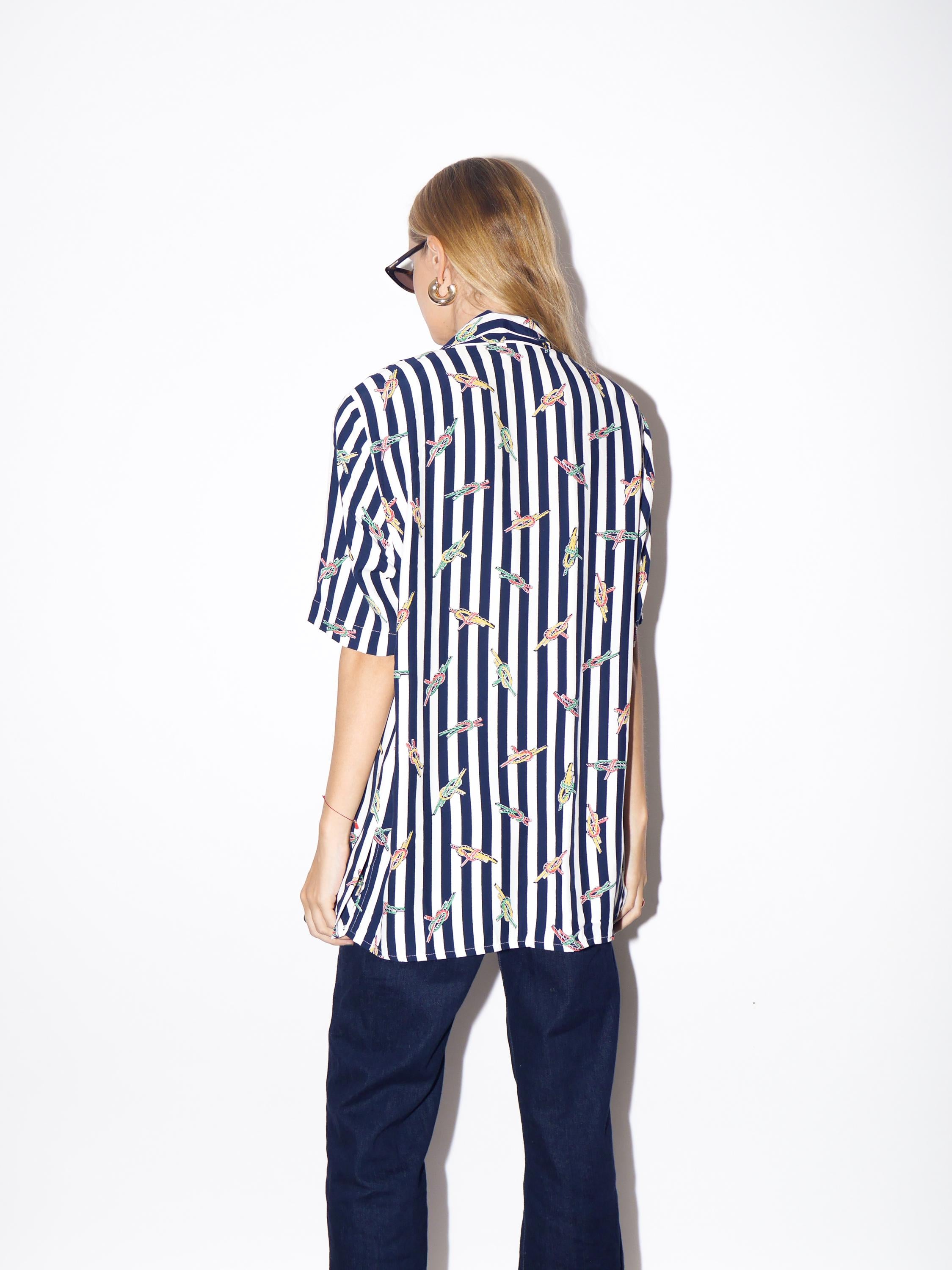 1980s Striped Shirt - Vintage Navy Blue/White Oversize Shirt with Big Shoulder Pads and Marine Pattern, Retro Viscose Short Sleeve Shirt