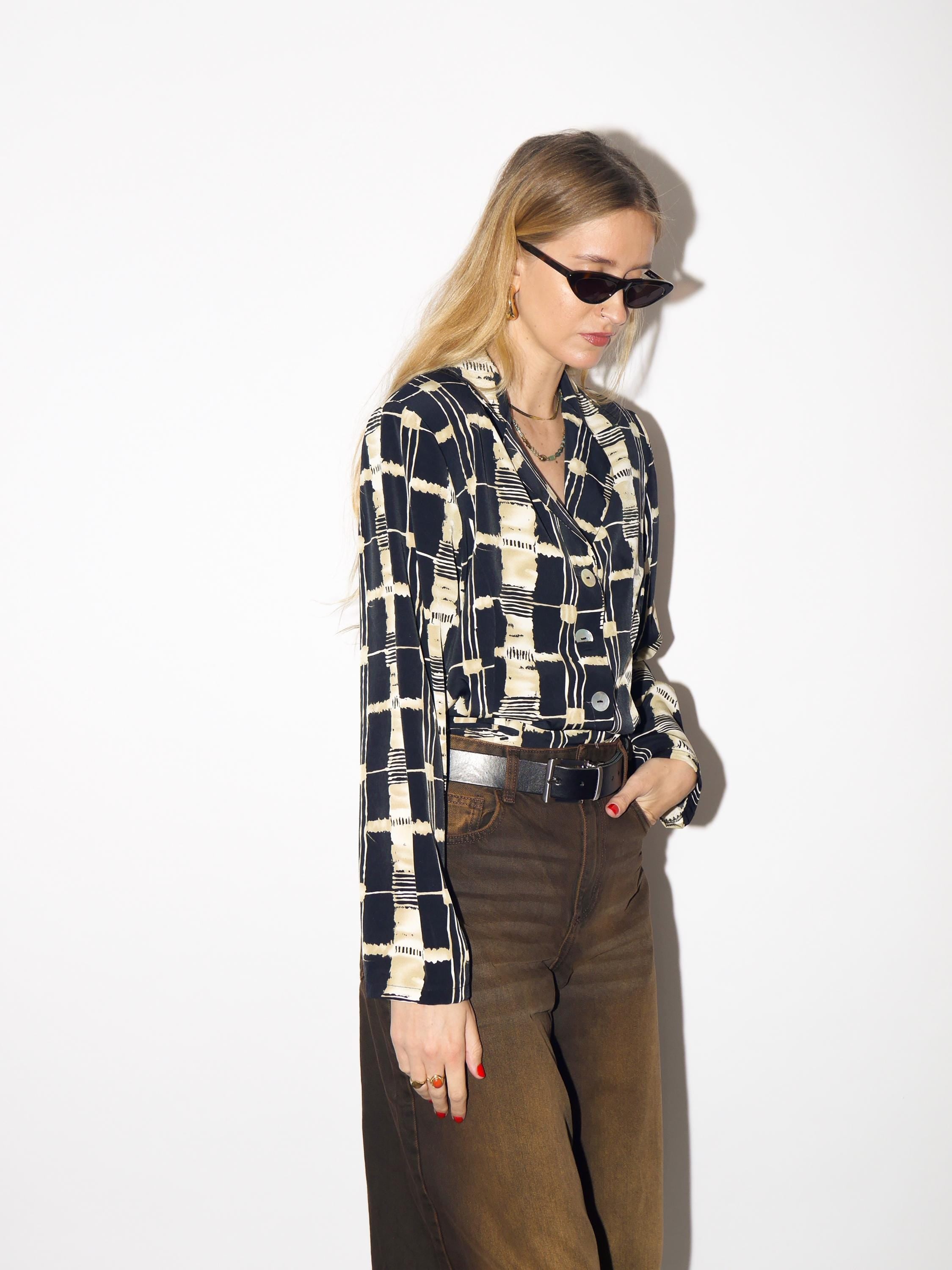VINTAGE blazer in black and beige geometric print with shoulder pads from 1980s