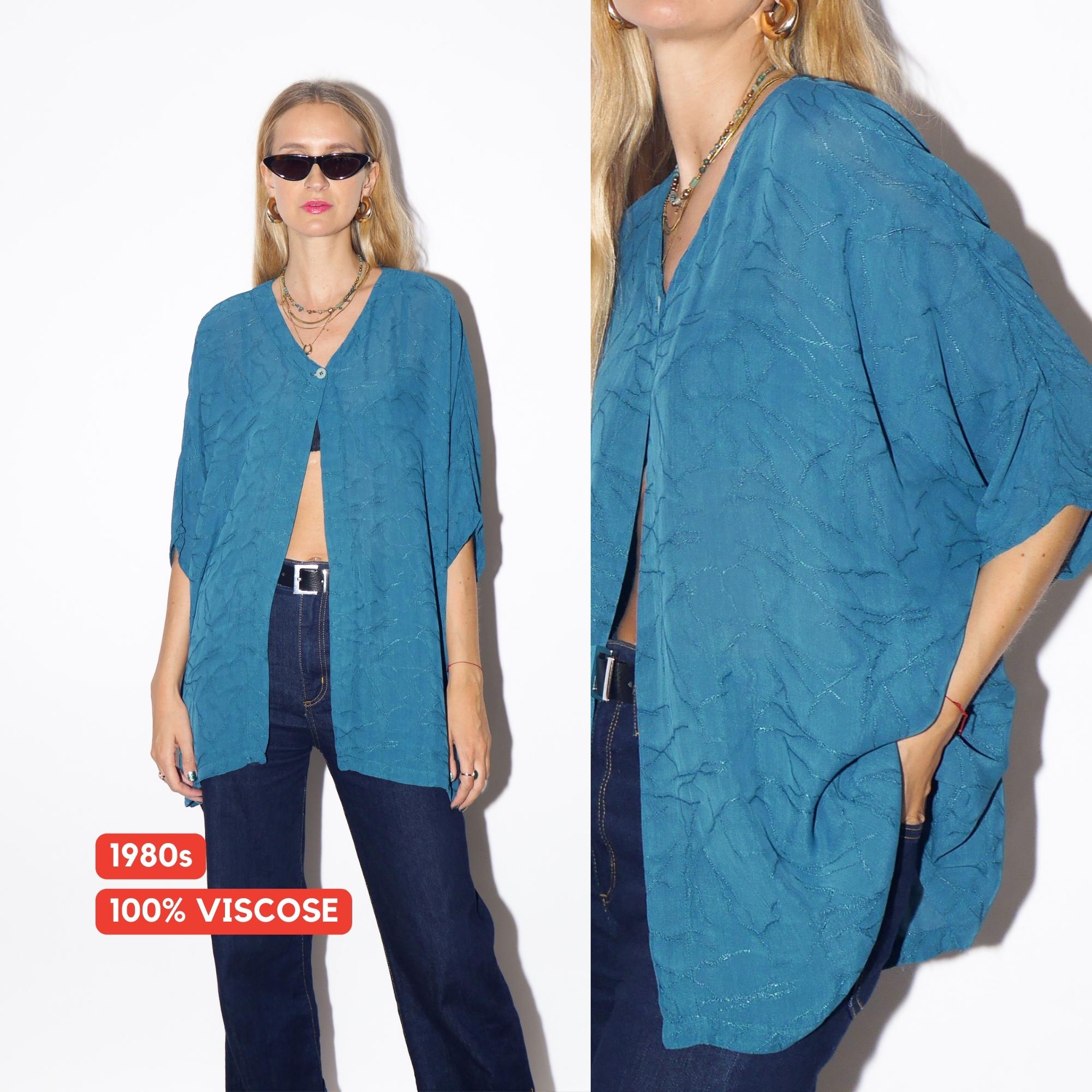 1970s Viscose Blouse - Vintage Turquoise Blue Blouse, Wavy Wrinkled Fabric Shirt, Retro Fashion Clothing for Women