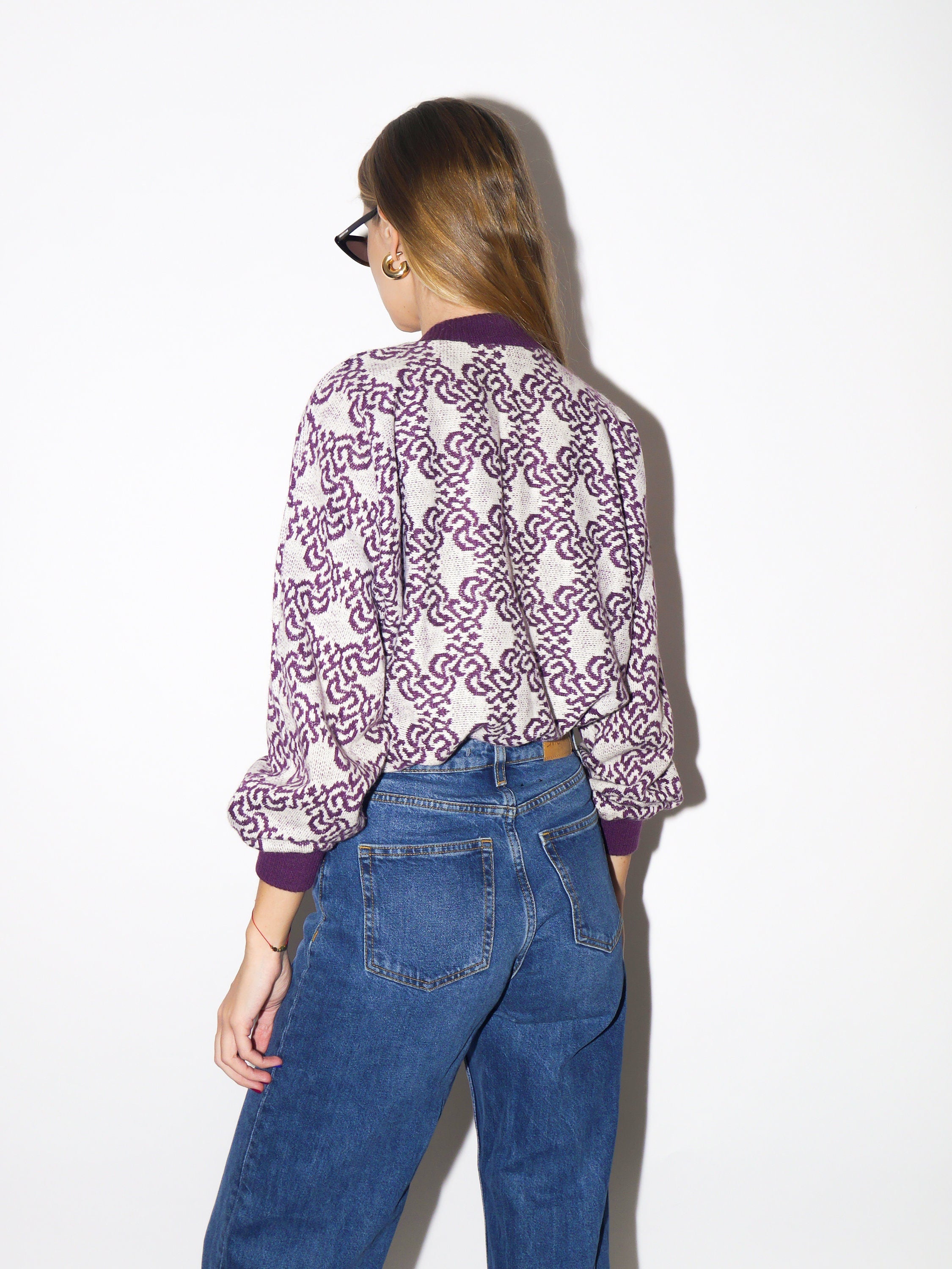 VINTAGE Italian sweater 1980s | purple and white pattern pullover sweater | vintage warm pullover knitwear | retro sweater