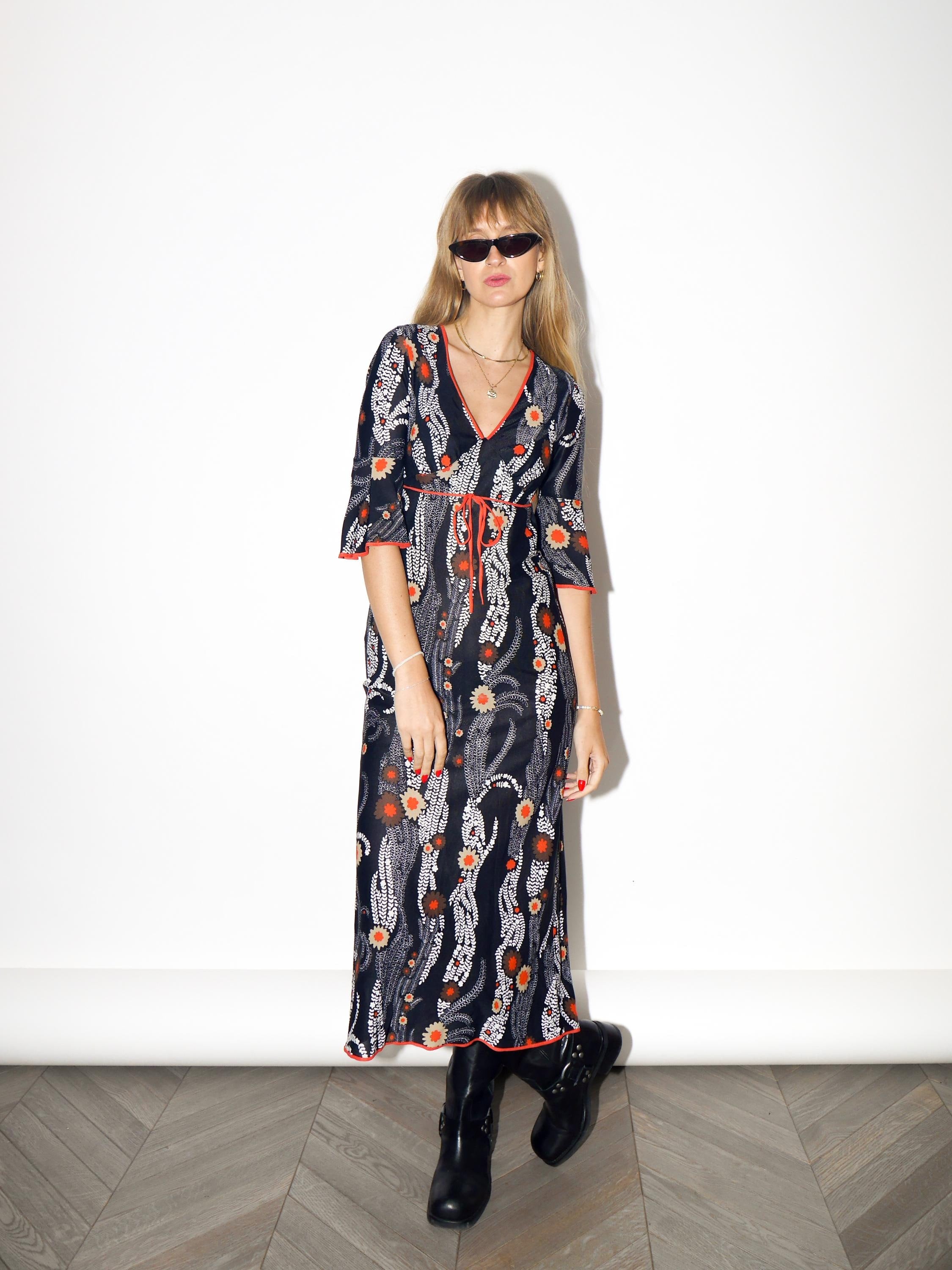 VINTAGE Black And Orange Floral Midi Dress With Ruffle Sleeves From The 1970s