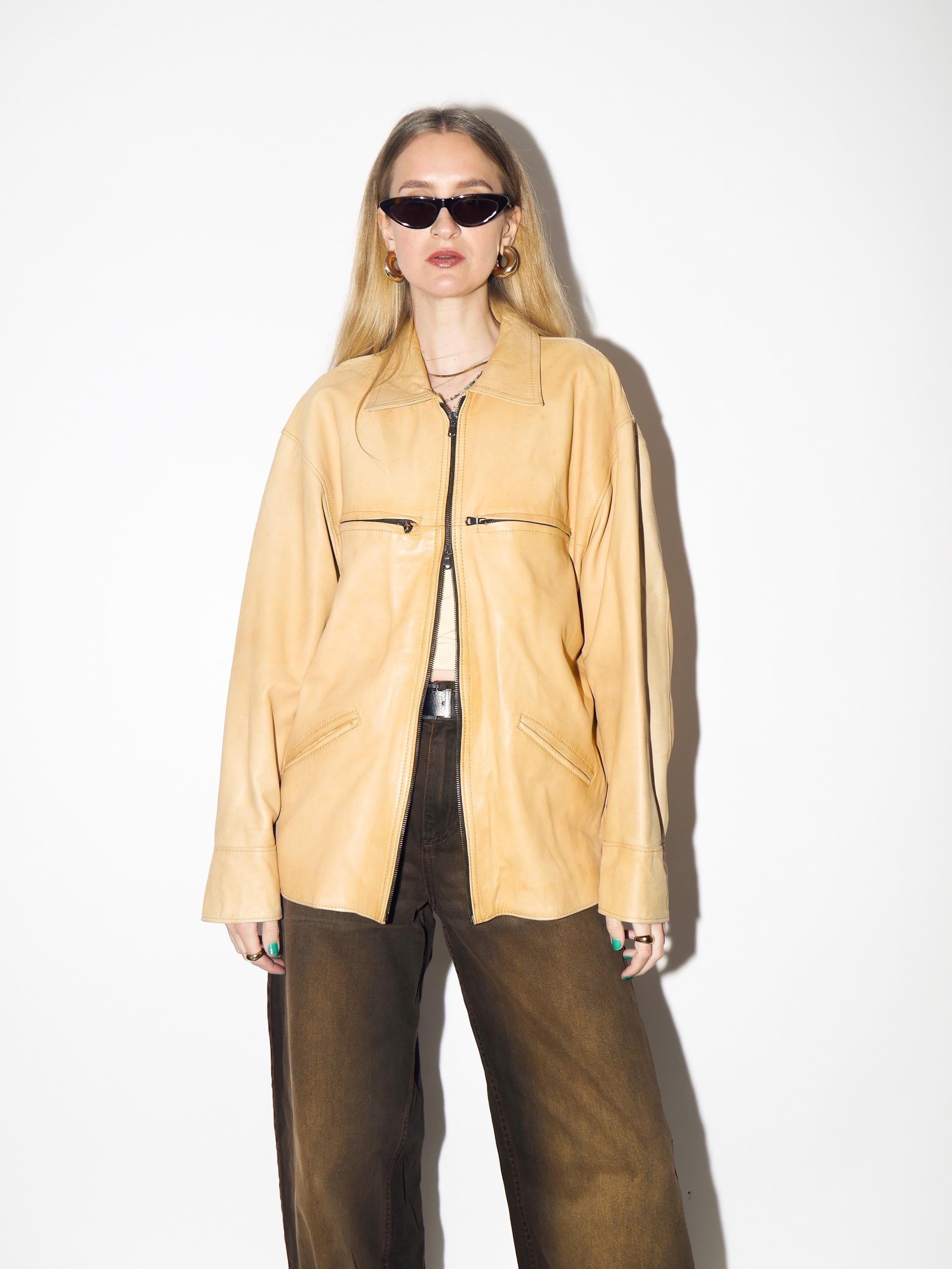 VINTAGE Apricot Leather Jacket from 1990s by Alta Moda® | Oversize Leather Jacket