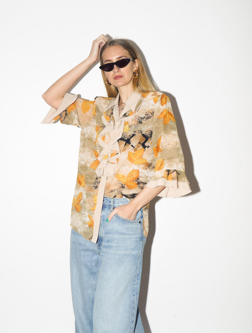 VINTAGE Beige & Yellow Leaf Print Blouse from 1980s | Retro Jabot Shirt by Izabel®
