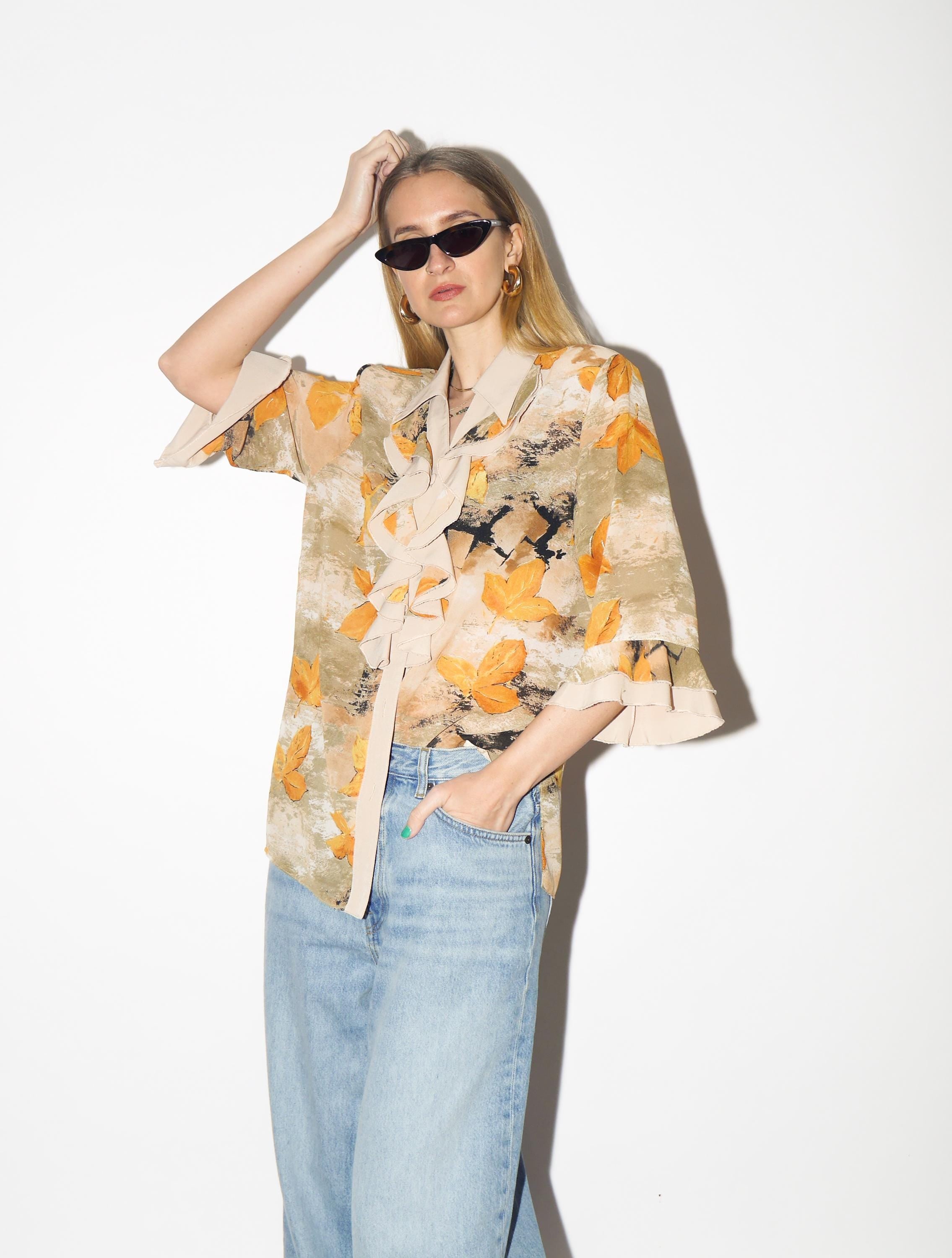 VINTAGE Beige & Yellow Leaf Print Blouse from 1980s | Retro Jabot Shirt by Izabel®