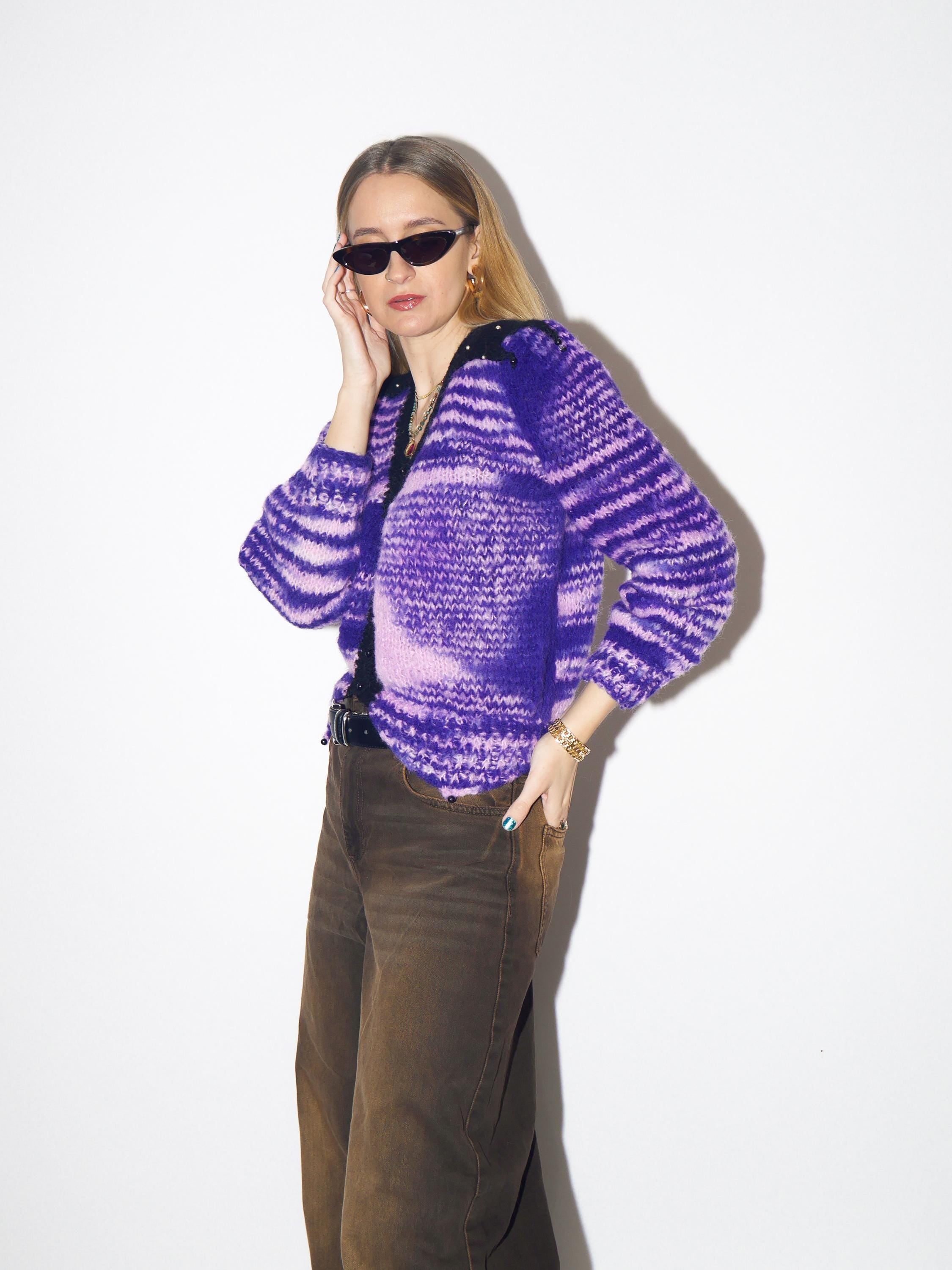 VINTAGE handmade purple sweater from 1980s | vintage warm purple cropped sweater