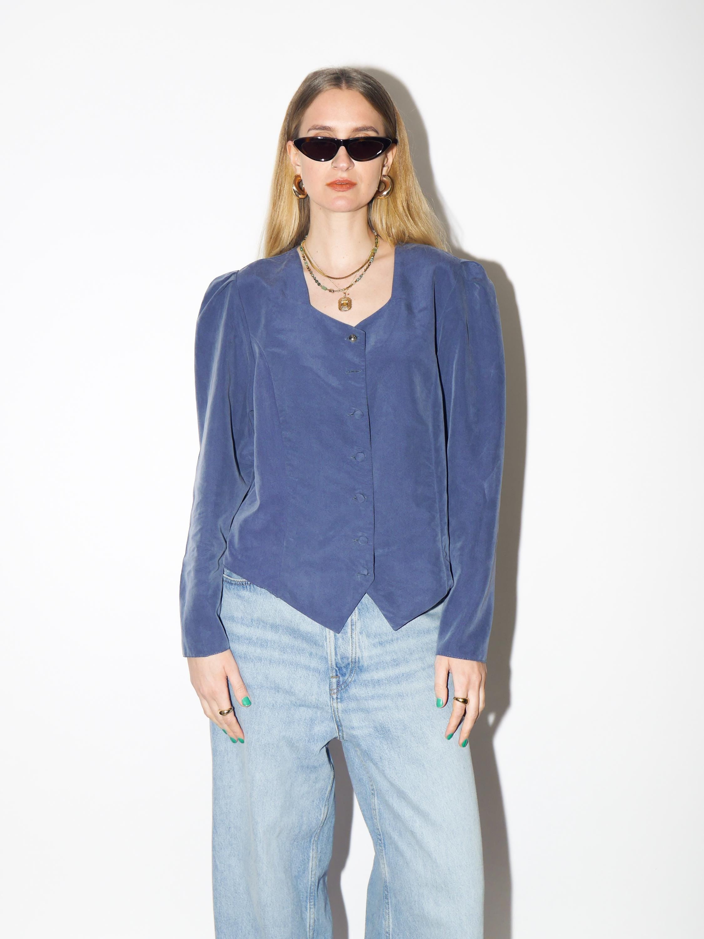 VINTAGE Blue Buttoned Blouse from 1980s with square neckline by Madame Rita®