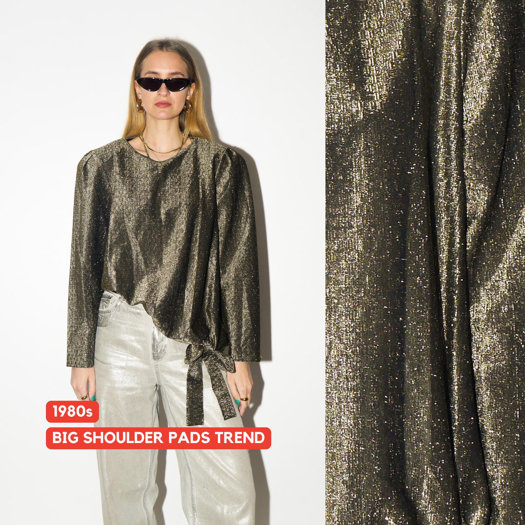VINTAGE Gold Metallic Blouse from 1980s | Bow Detail & Big Shoulder Pads Blouse