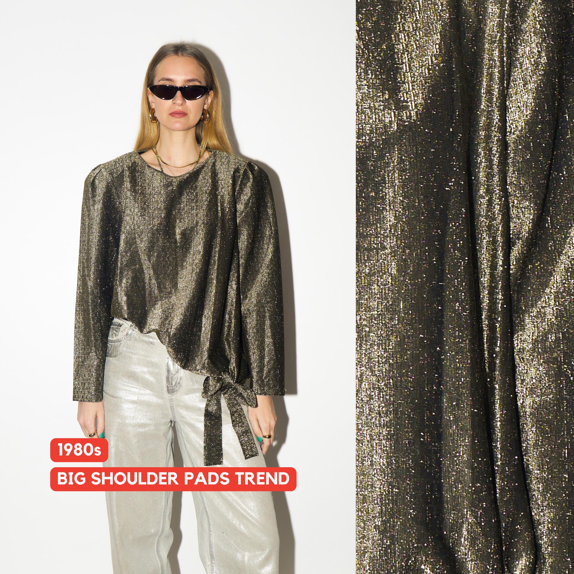 VINTAGE Gold Metallic Blouse from 1980s | Bow Detail & Big Shoulder Pads Blouse