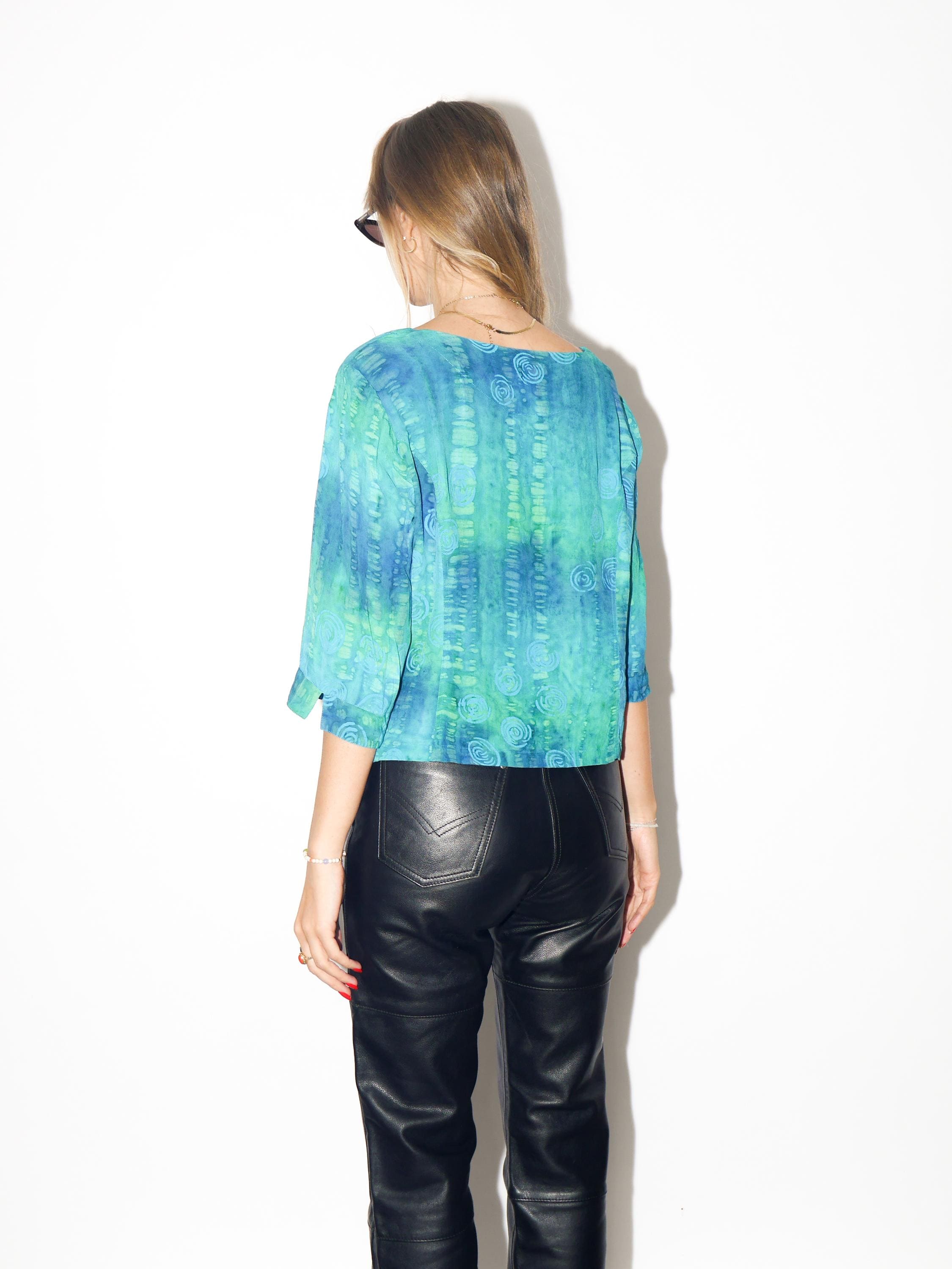 VINTAGE Green And Blue Tie‑Dye Viscose Blouse With Opalised Buttons From The 1980s By Unikat