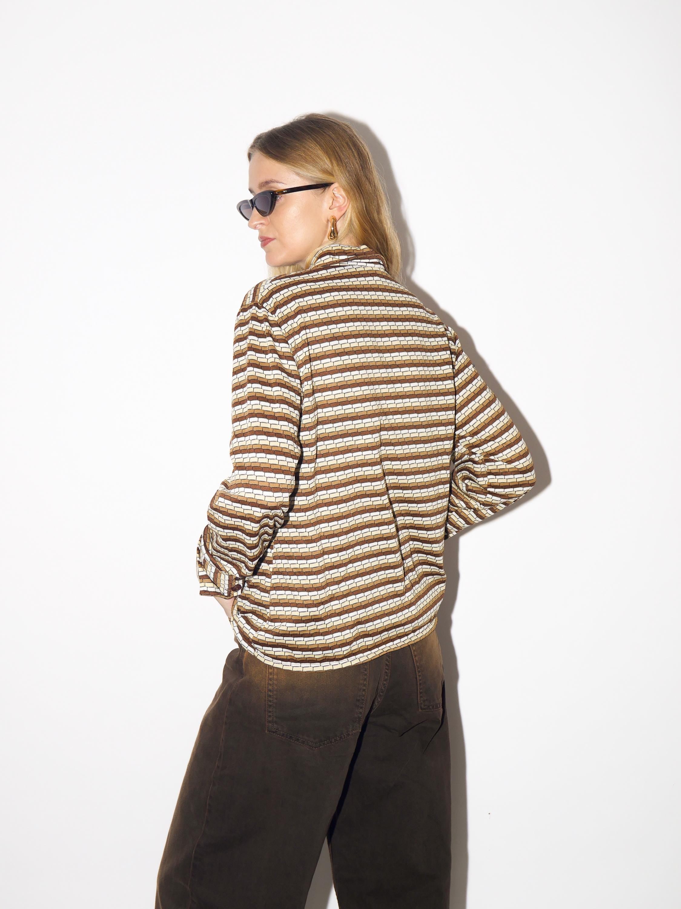 VINTAGE blouse from 1970s with statement collar in beige brown stripes by Apart®