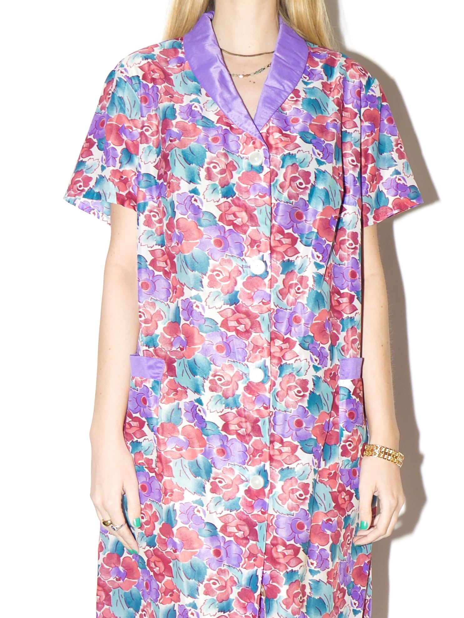 VINTAGE Floral Purple & Red Midi Dress from 1980s | Short Sleeve Floral Dress