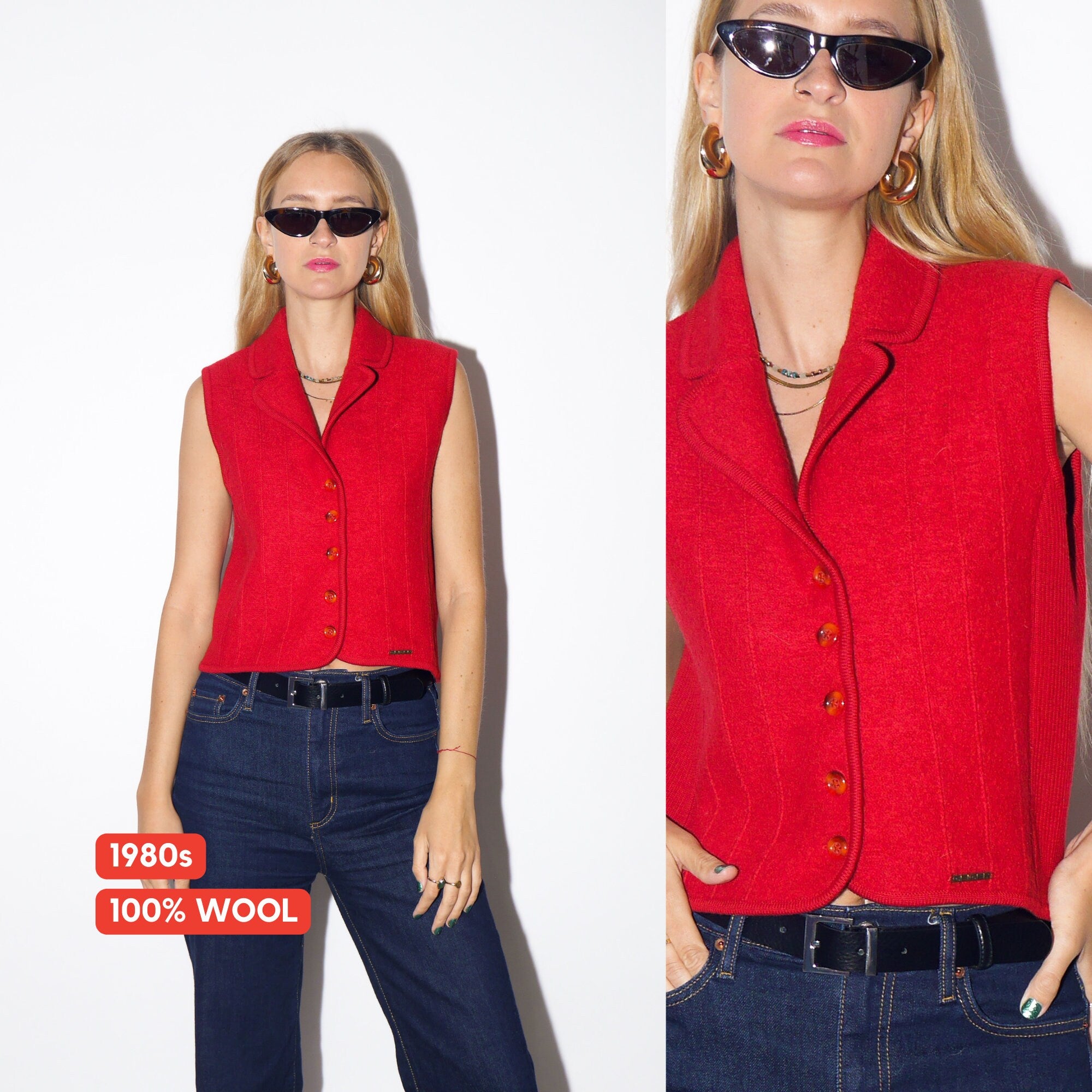 VINTAGE red 100% wool womens sleeveless polo shirt/vest  from 1980s by Geiger® with small metal logo label | premium quality red vest