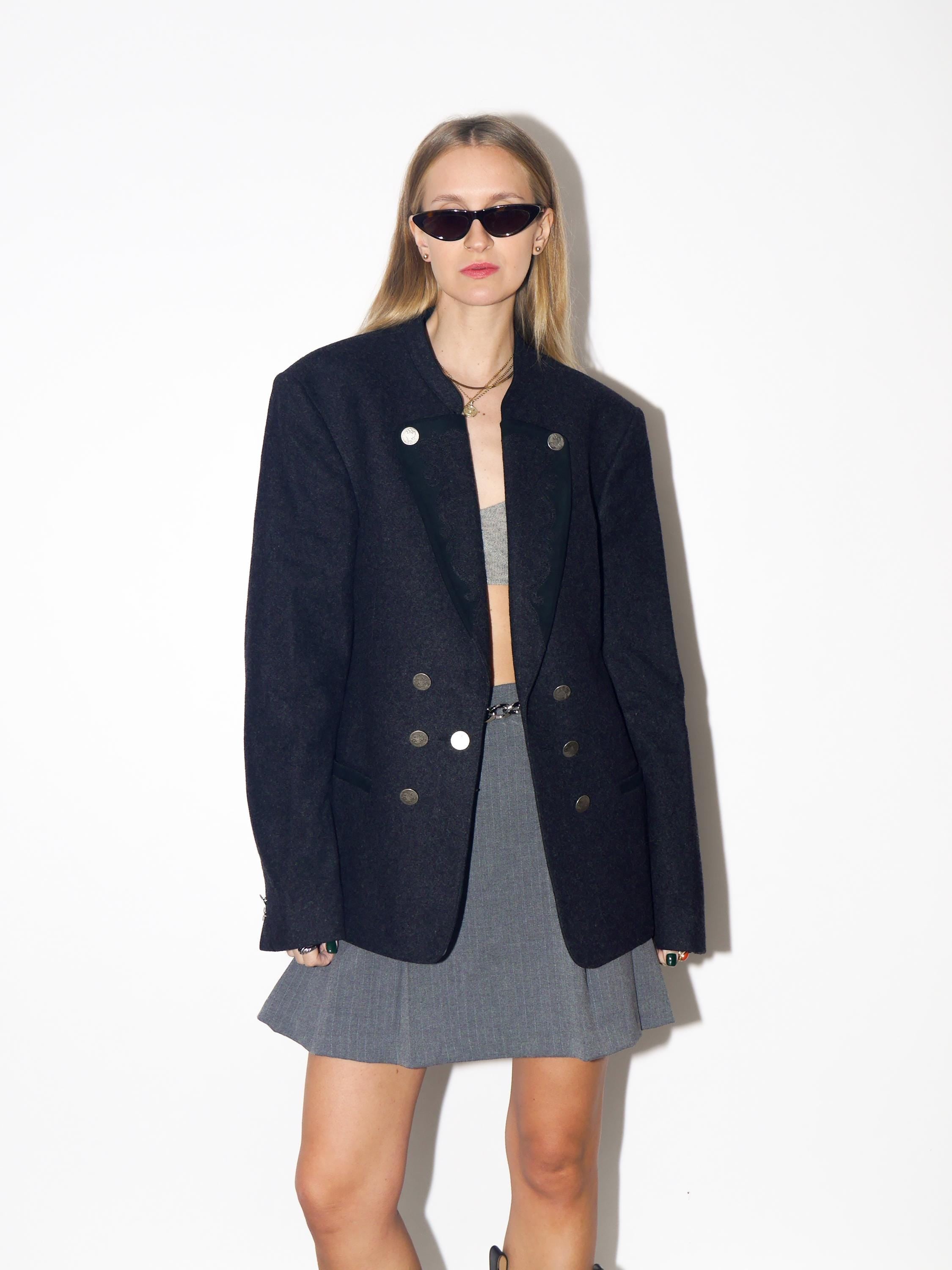 VINTAGE Oversized Grey Pure Wool Blazer From The 1980s With Embroidered Collar from Austria