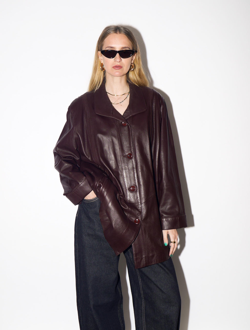 VINTAGE Burgundy Leather Jacket from 1990s | Dark Red Oversize Leather Jacket