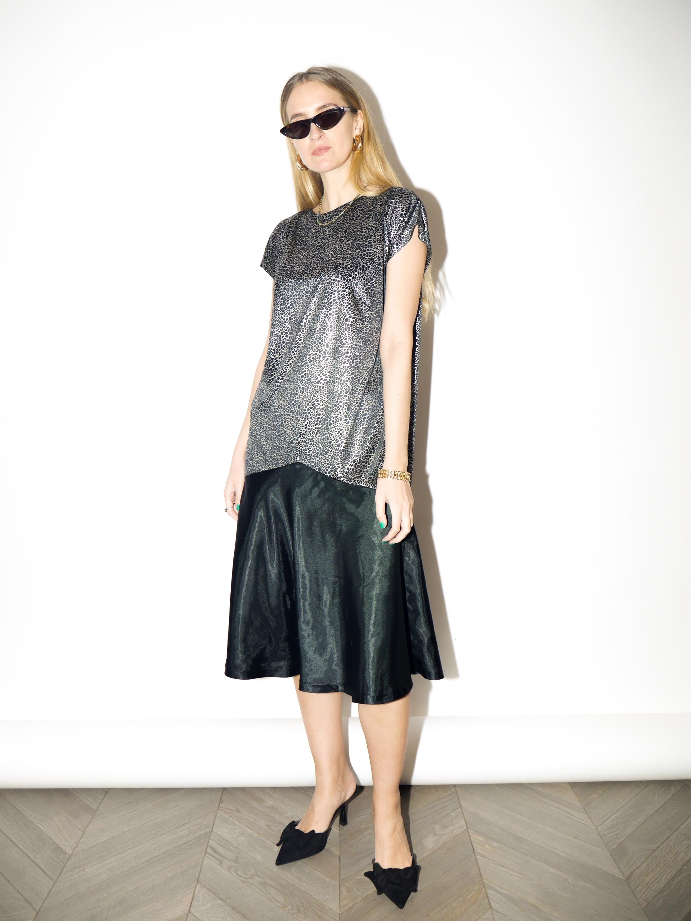 VINTAGE Silver & Black Midi Dress from 1980s | Shimmy Style with Polka Dot Dress