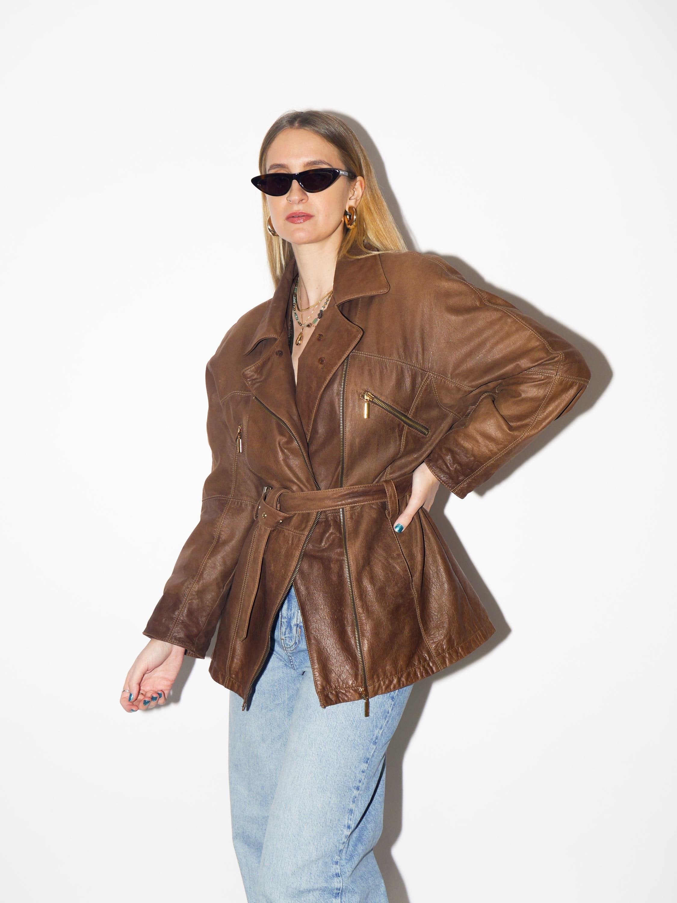 VINTAGE brown leather jacket from 1980s | soft leather bronze jacket with belt