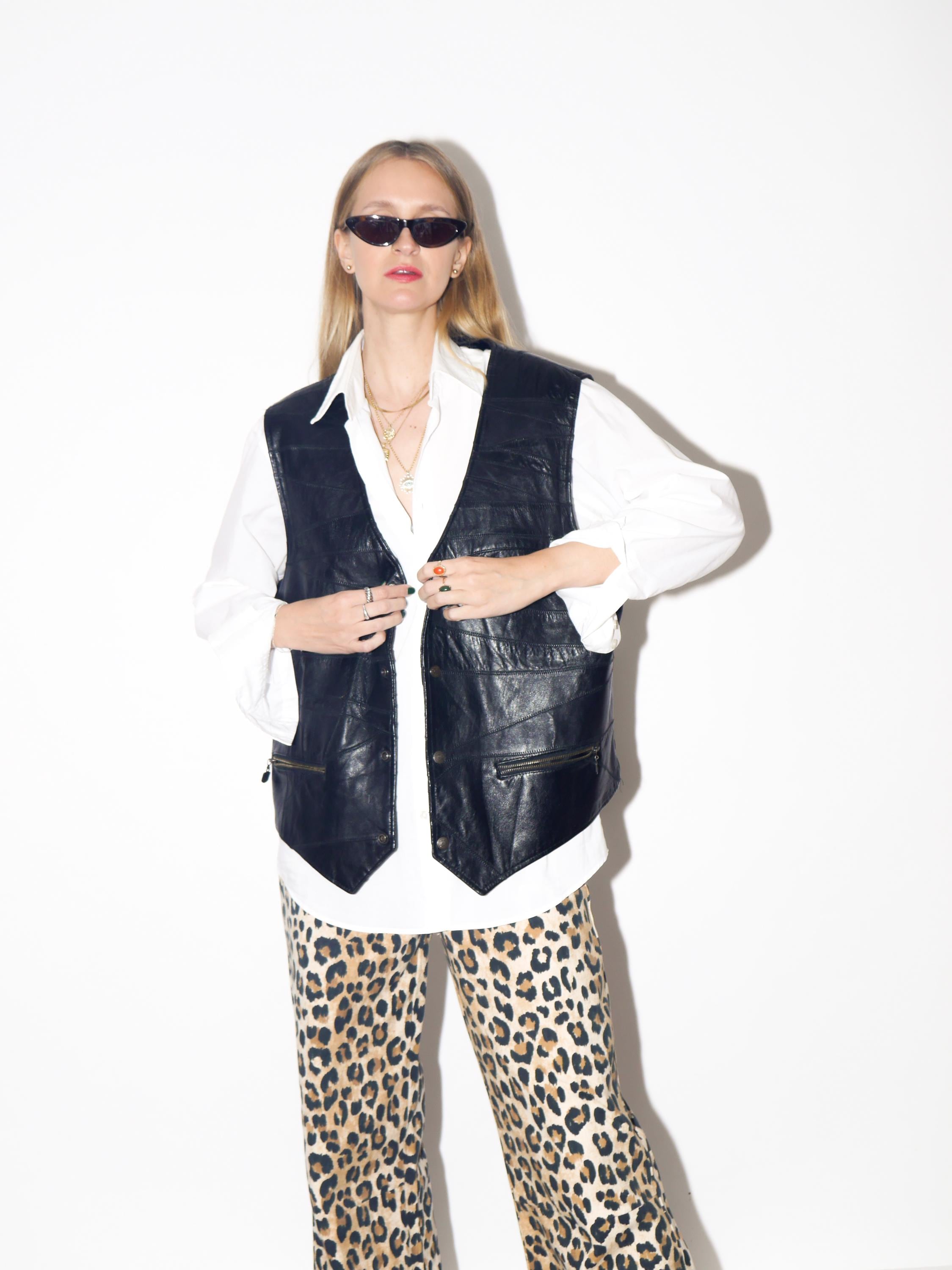 VINTAGE Black Patchwork Leather Vest From The 1980s by Elazar Leather