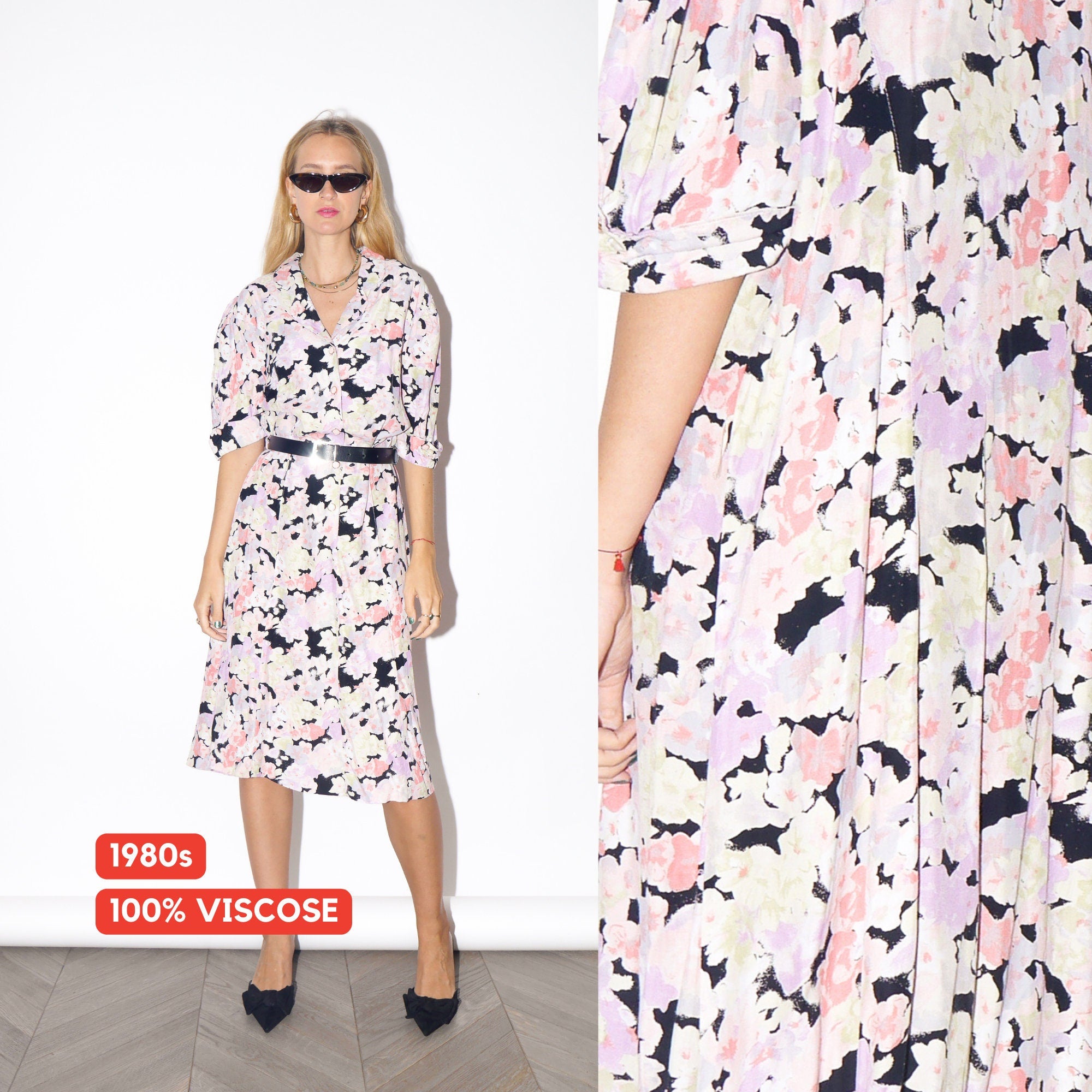 HASHTAG pink 100% viscose patterned dress from 1980s by Matter | half sleeve dress in pink and black floral pattern with decorative buttons