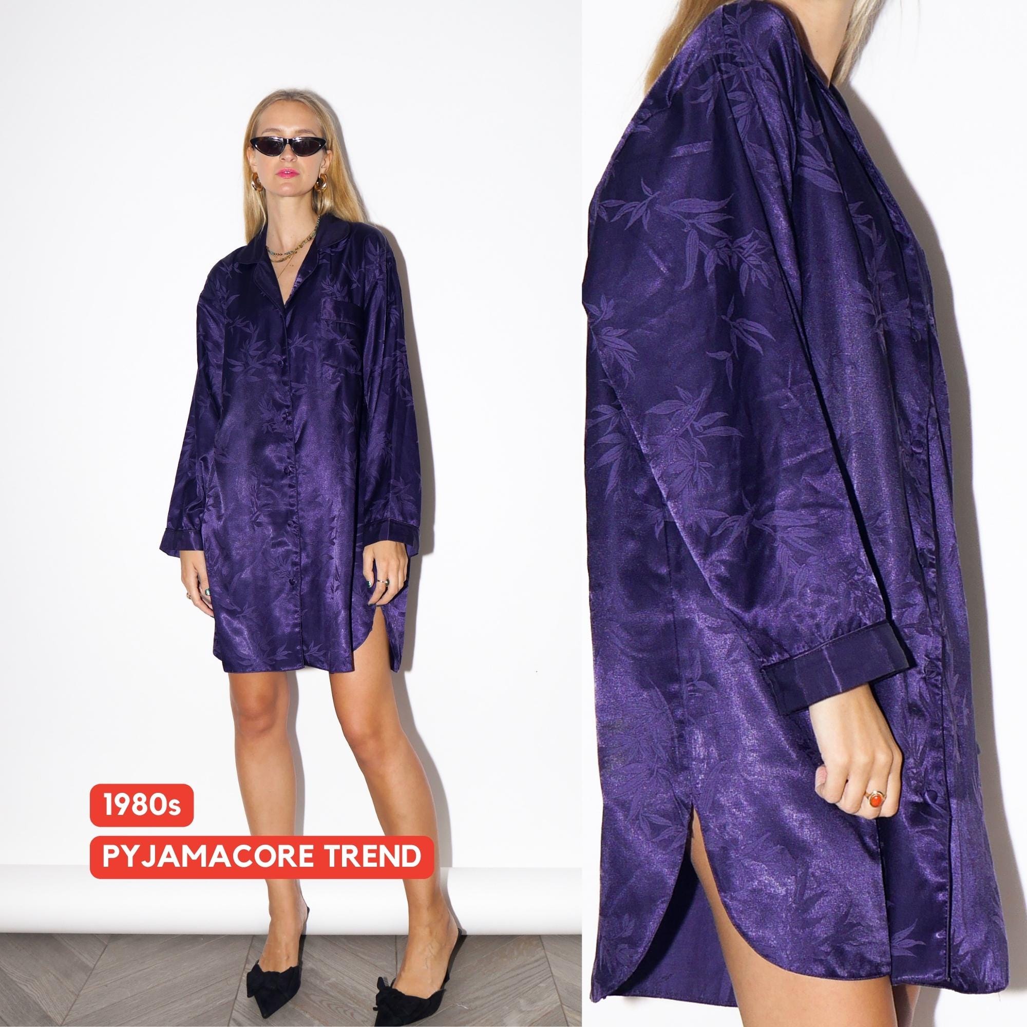 1980s Purple Pyjama Style Dress - Vintage Shiny Short Dress, Plum Oversize Retro Dress, Retro Fashion Clothing for Women