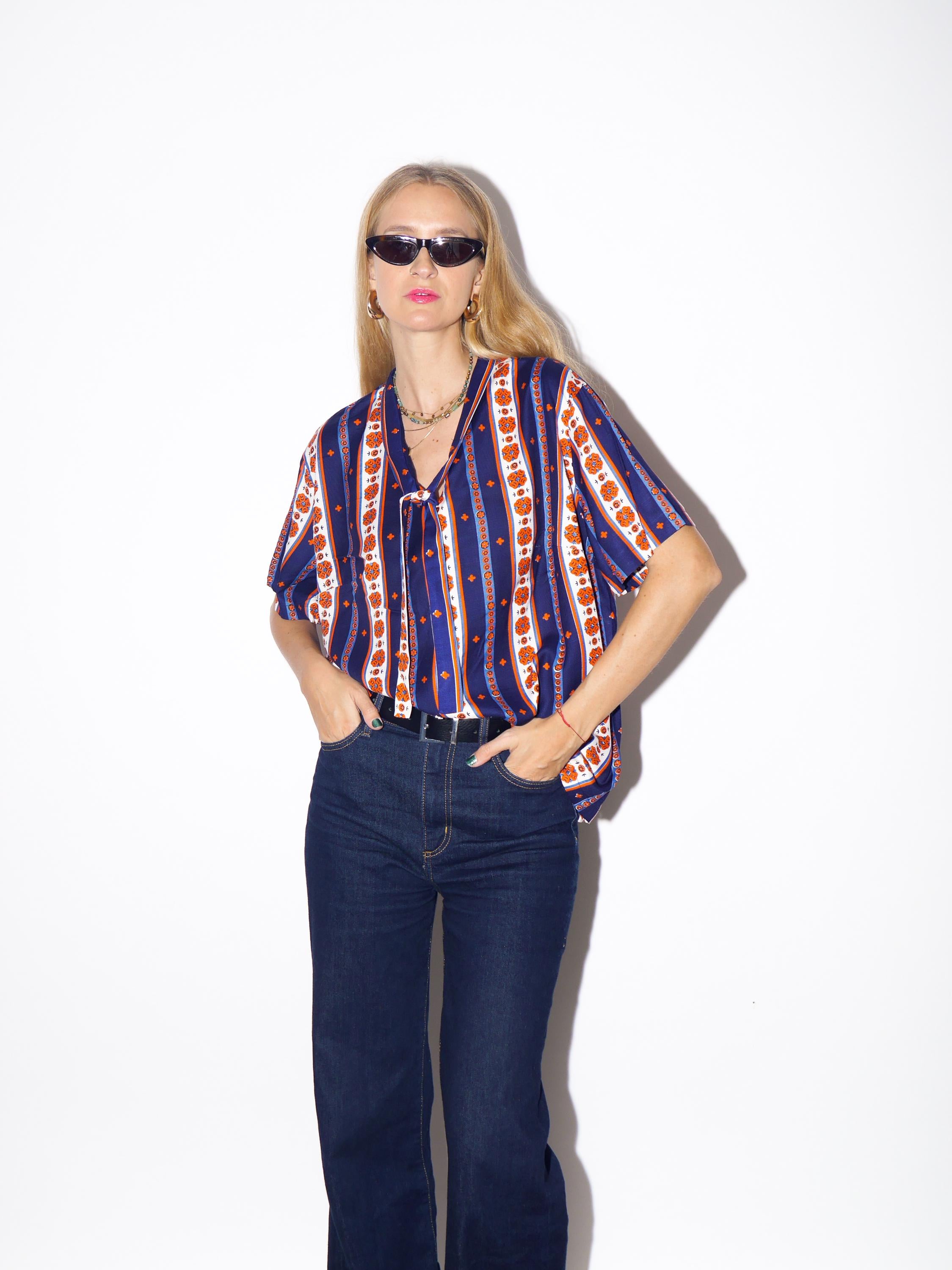 1970s Striped Blouse - Vintage Navy/Orange/White Vertical Striped Handmade Shirt with Folk Print and Front Bow, Retro Short Sleeve Blouse