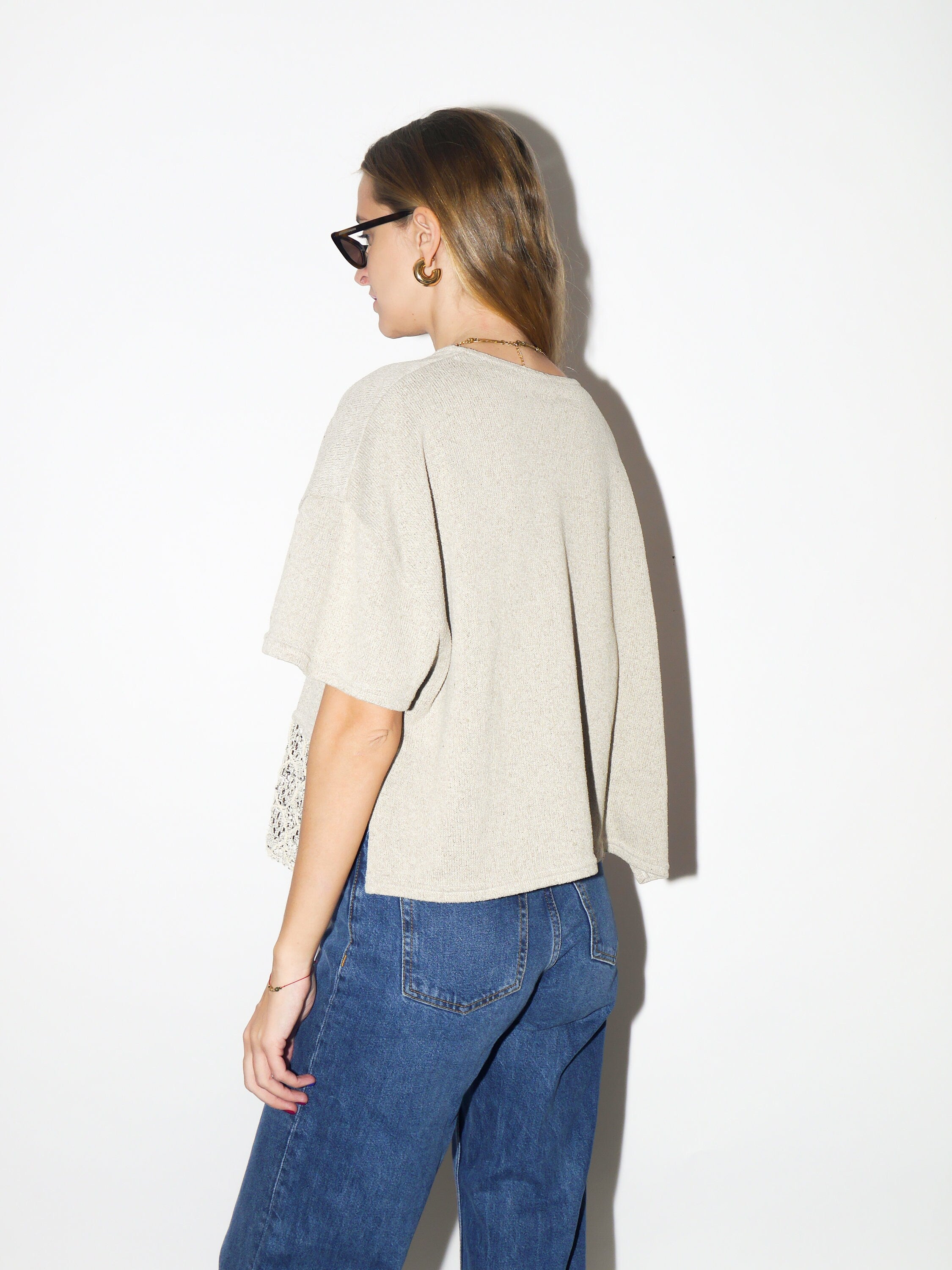 VINTAGE Lulu Paris sweater 1980s | beige crop oversize sweater | stylish short sleeve khaki sweater with openwork details