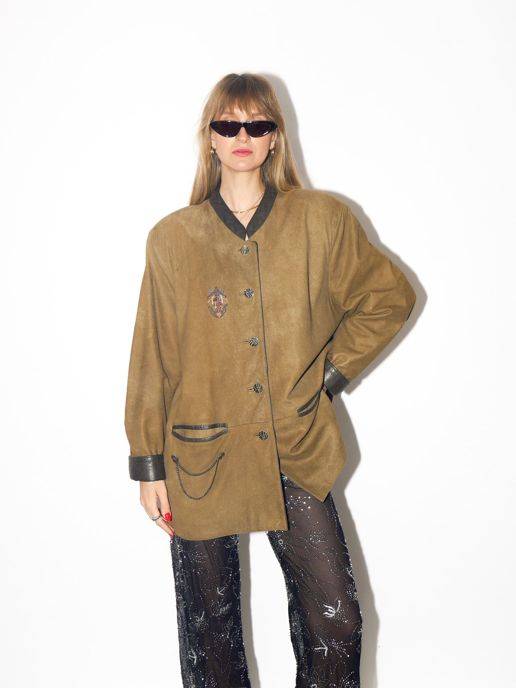 VINTAGE Khaki Brown Matte Leather Jacket With Embroidery From The 1980s by Leather Sound