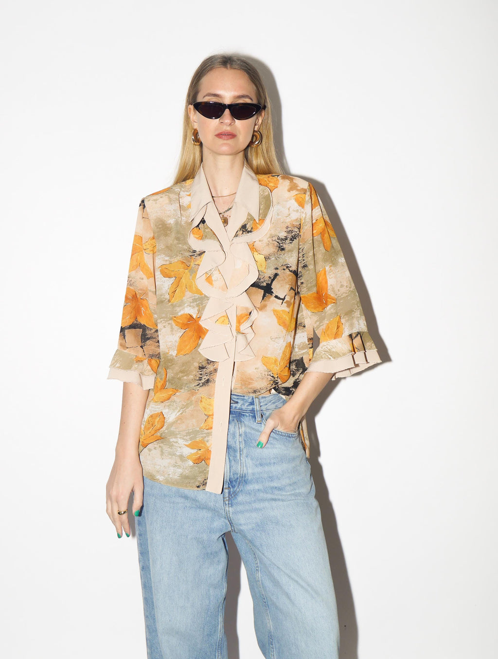VINTAGE Beige & Yellow Leaf Print Blouse from 1980s | Retro Jabot Shirt by Izabel®