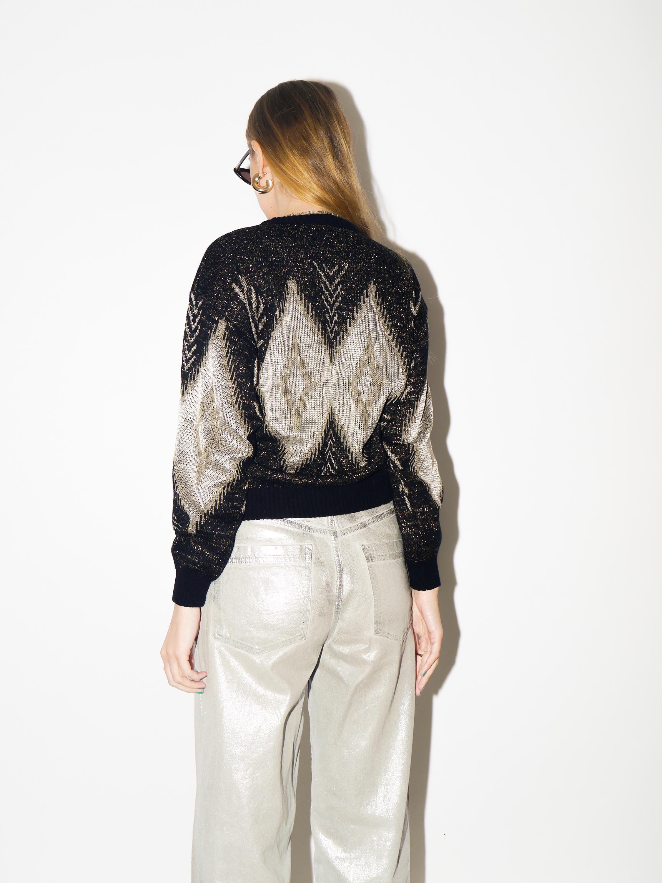 VINTAGE Black Metallic Cotton Sweater from 1980s | Gold & Silver Pullover