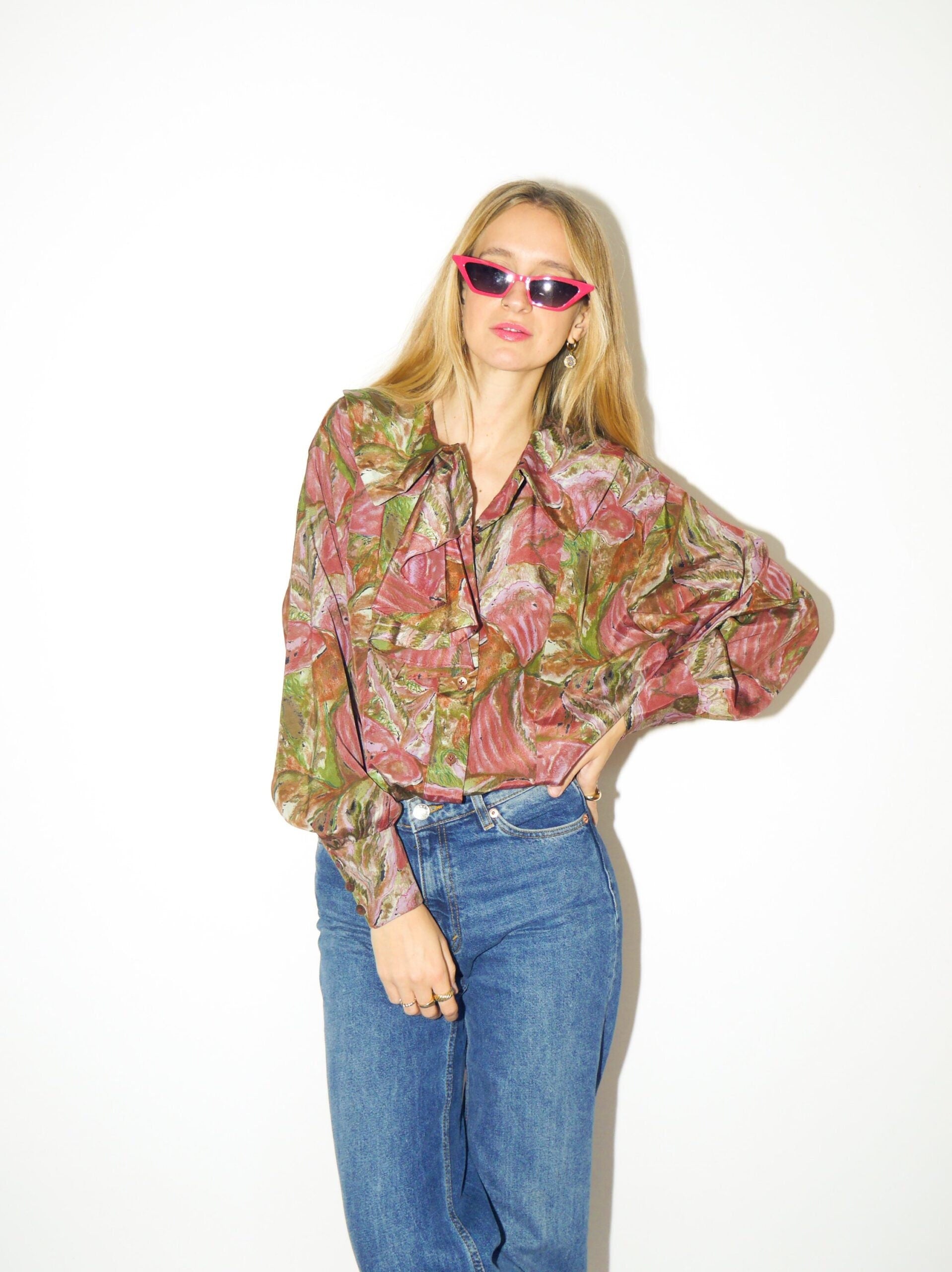 VINTAGE blouse 80s in floral pattern | pink and green shirt | retro shirt | 80s shirt | oversize fit from XS to XL