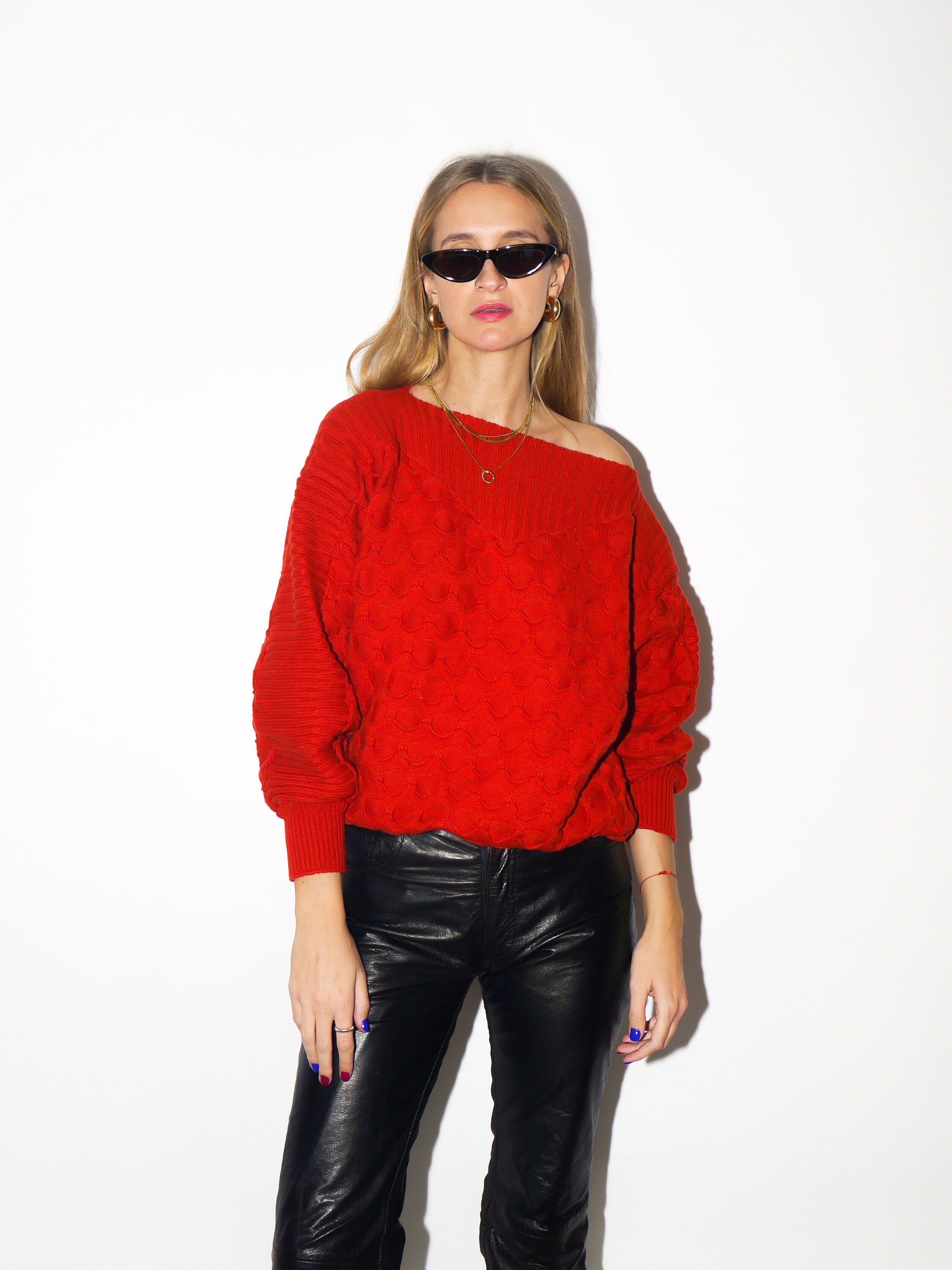 VINTAGE 50% wool sweater 1980s | Mondi oversized warm sweater | winter stylish sweater | red pullover sweater with boatneck